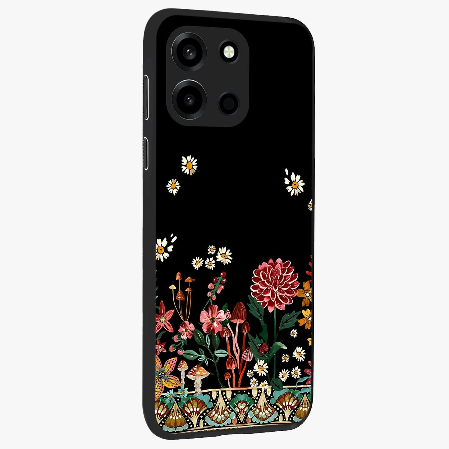 Midnight Bloom Pattern Glass Case upright view showcasing decorative floral artwork with deep night themed palette.