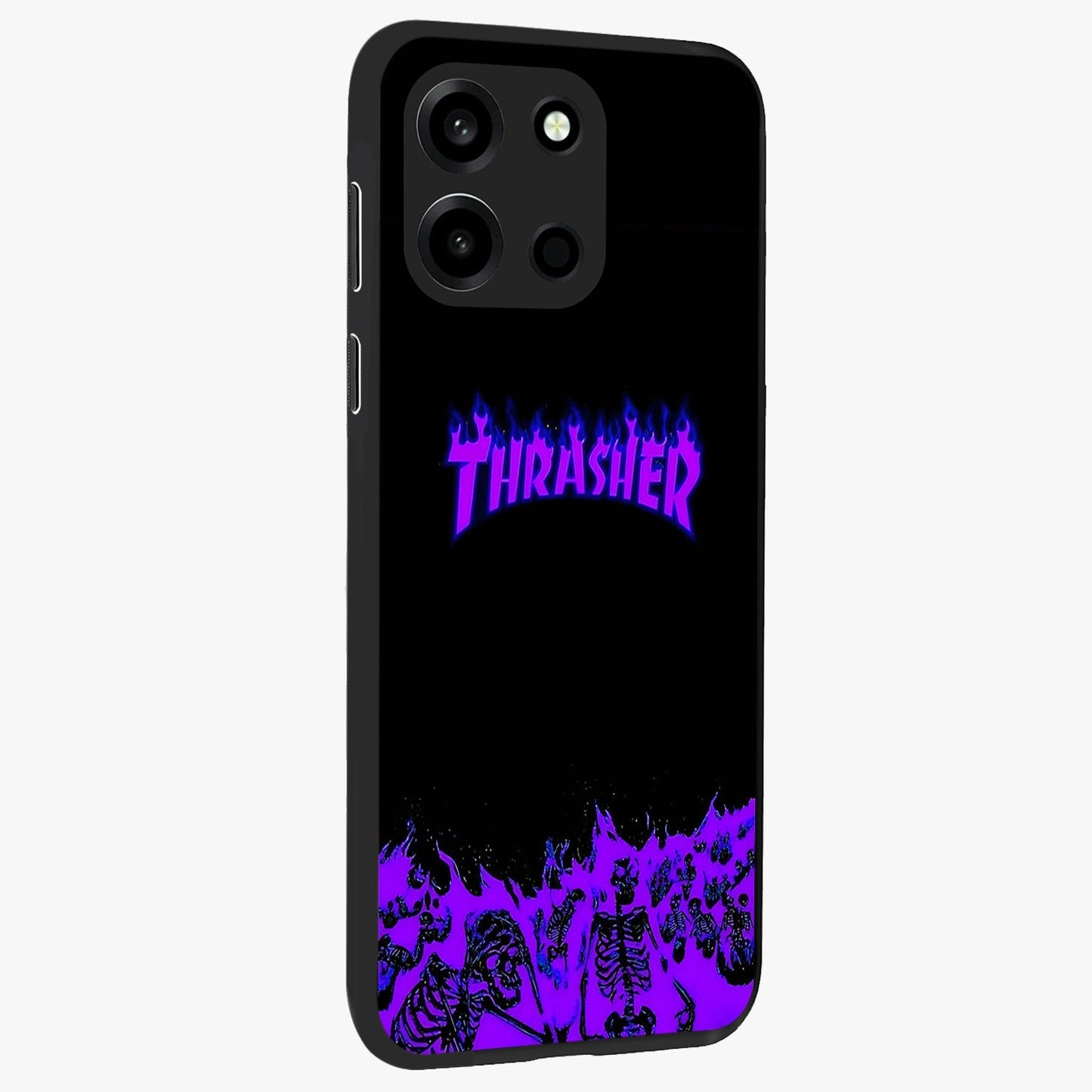 Neon Flame Riot Glass Case upright view showcasing dynamic flame artwork with energetic neon theme.