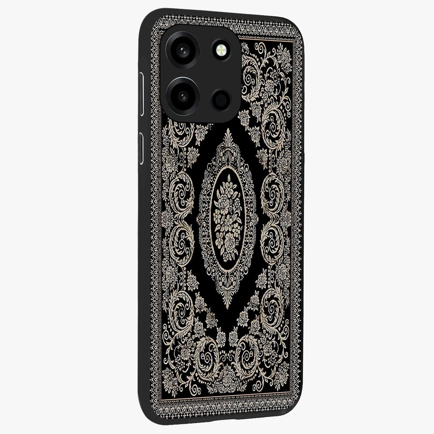 Noir Bloom Elegance Glass Case upright view showcasing graceful floral artwork with luxurious dark theme.