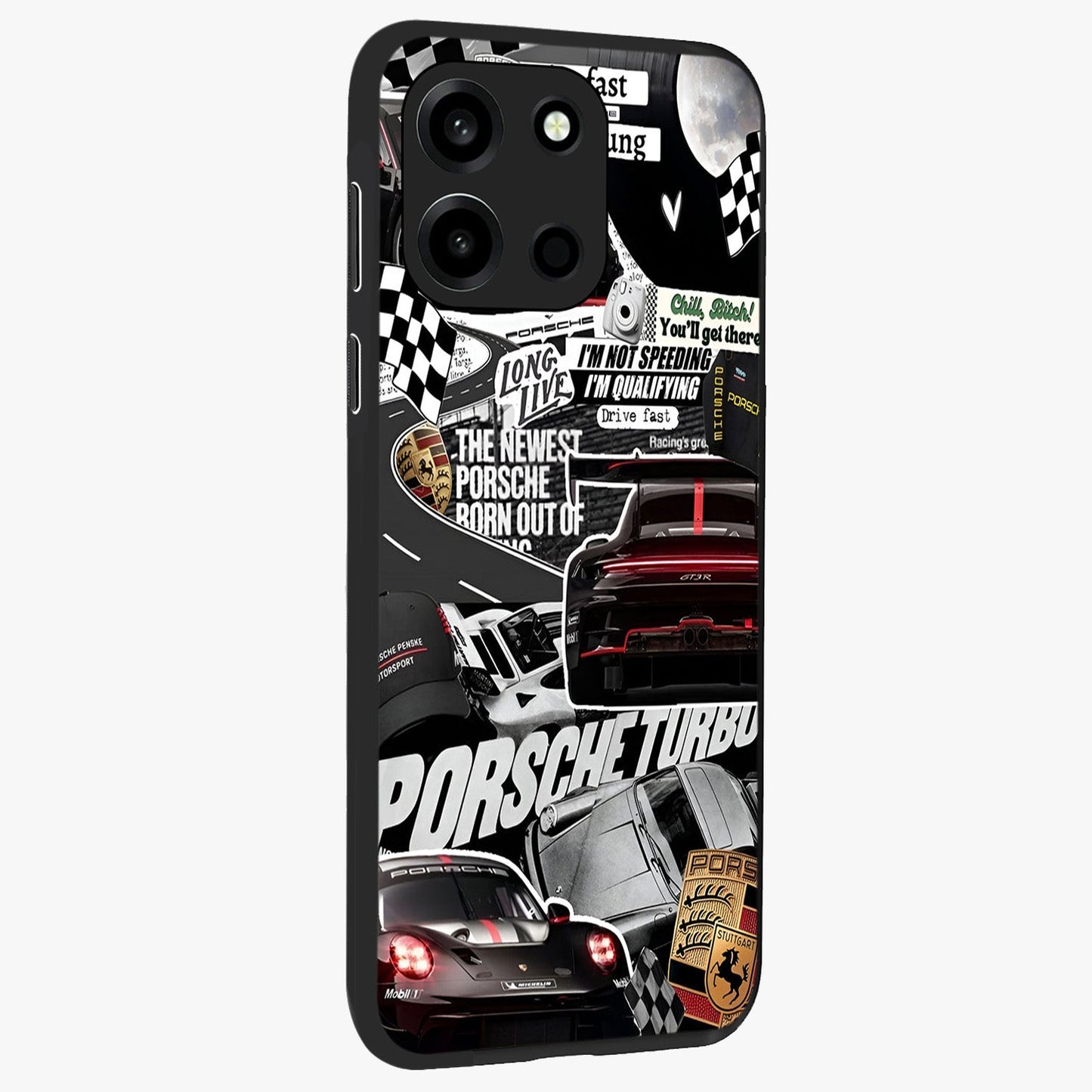 Porsche Racing Collage Glass Case upright view showcasing energetic car collage artwork with high speed racing theme.