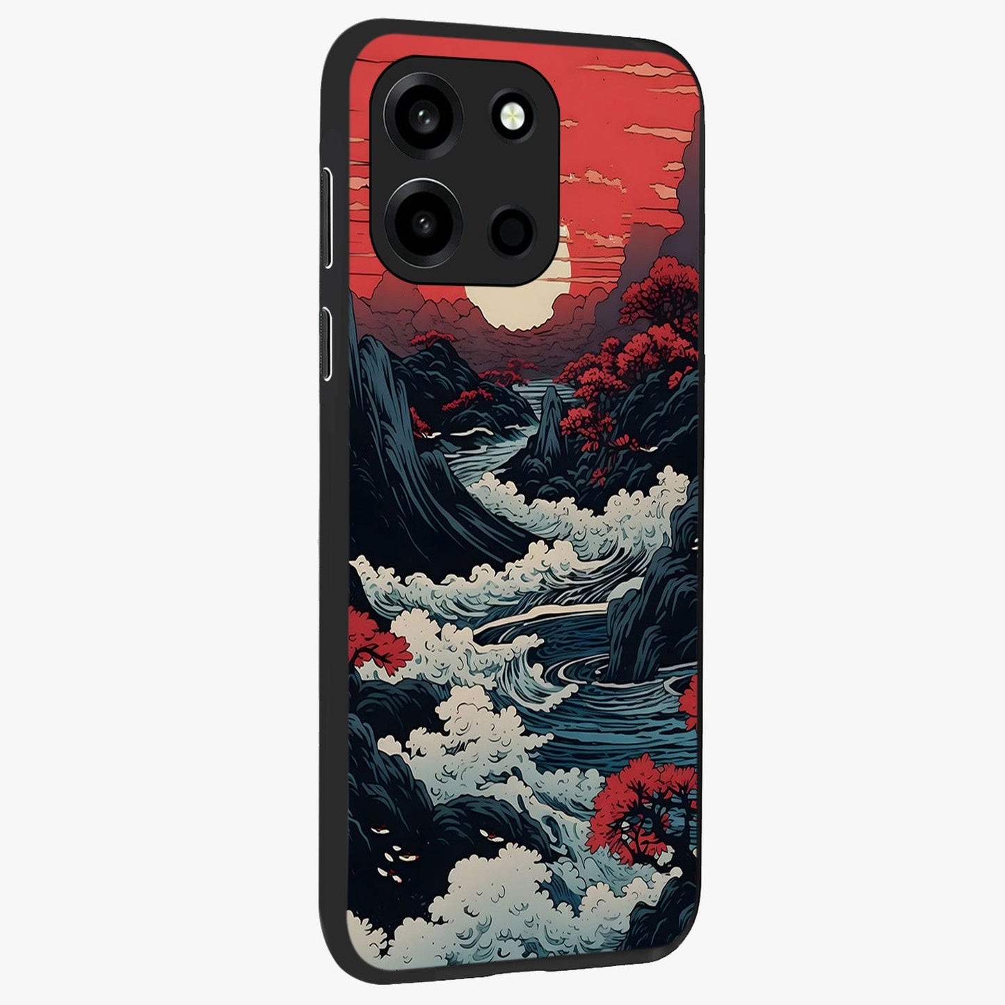 Red Sunset Scenery Glass Case upright view showcasing dramatic sunset scenery artwork with warm nature theme.