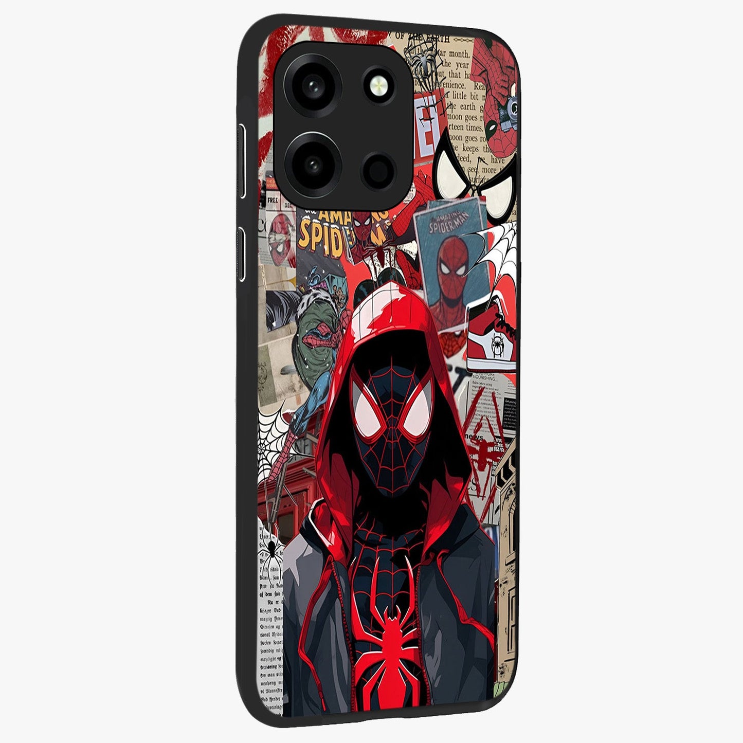 Spider Collage Street Glass Case upright view showcasing bold superhero artwork with urban street theme.