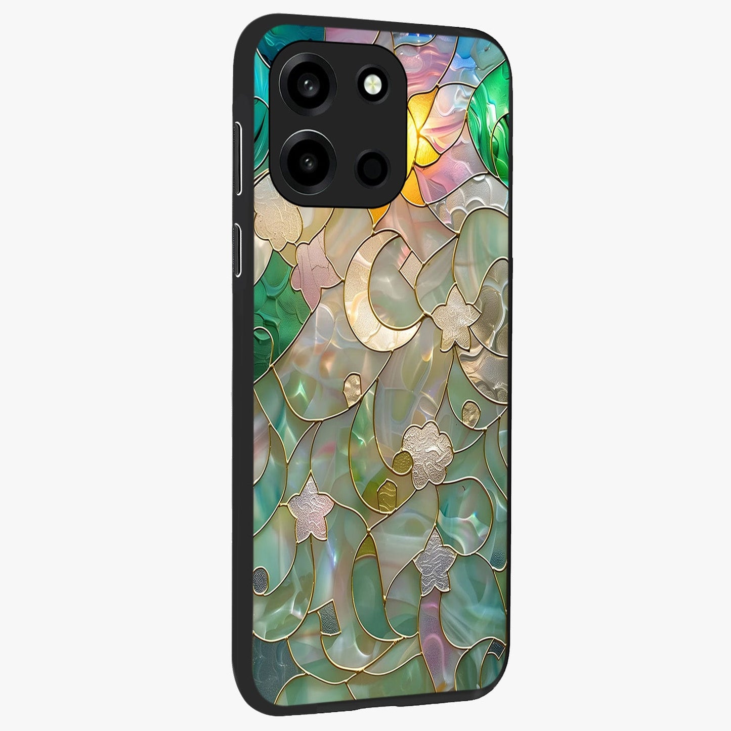 Stained Sunrise Glow Glass Case upright view showcasing colorful sunrise artwork with warm morning theme.
