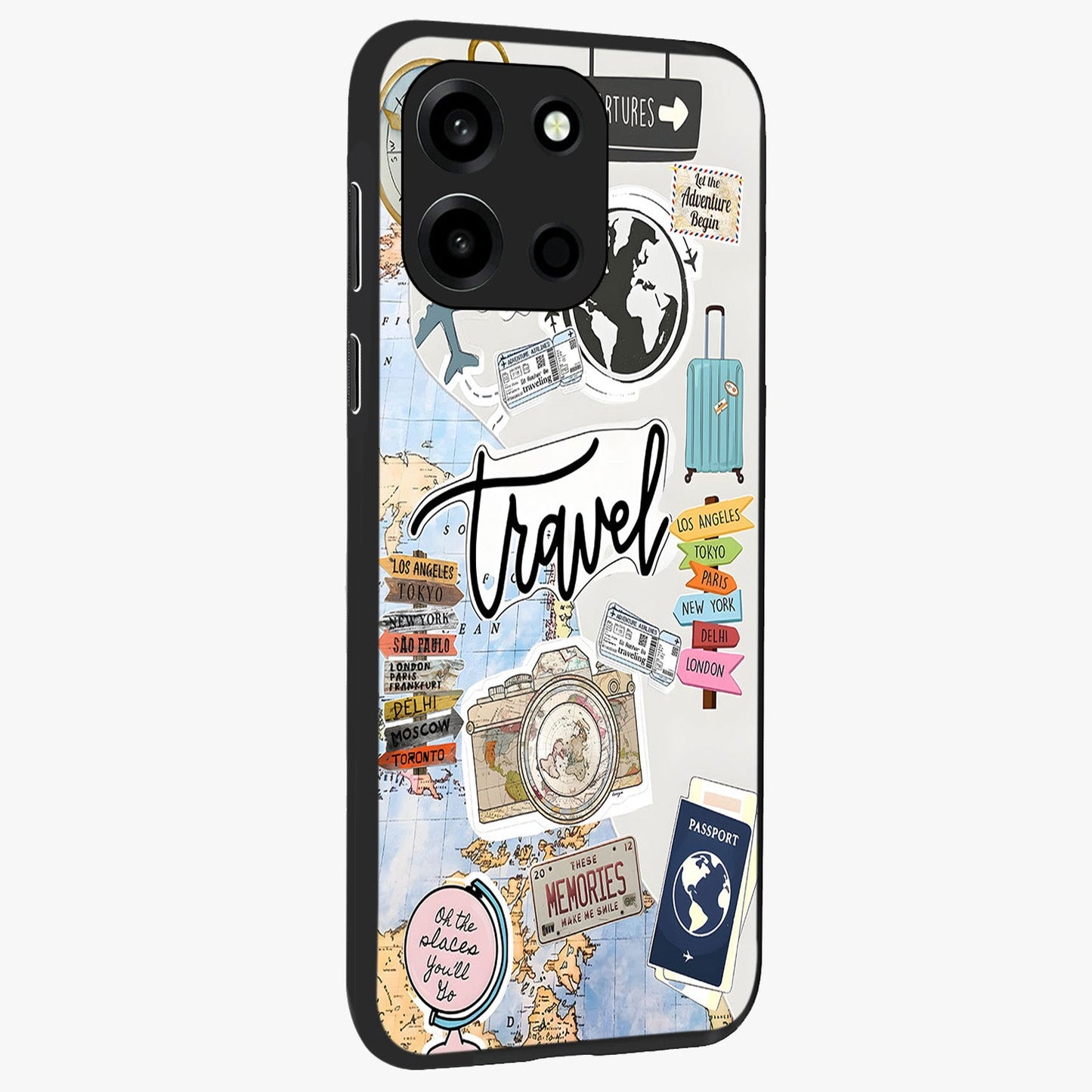 Wanderlust Journal Glass Case upright view showcasing wanderlust inspired artwork with creative exploration theme.
