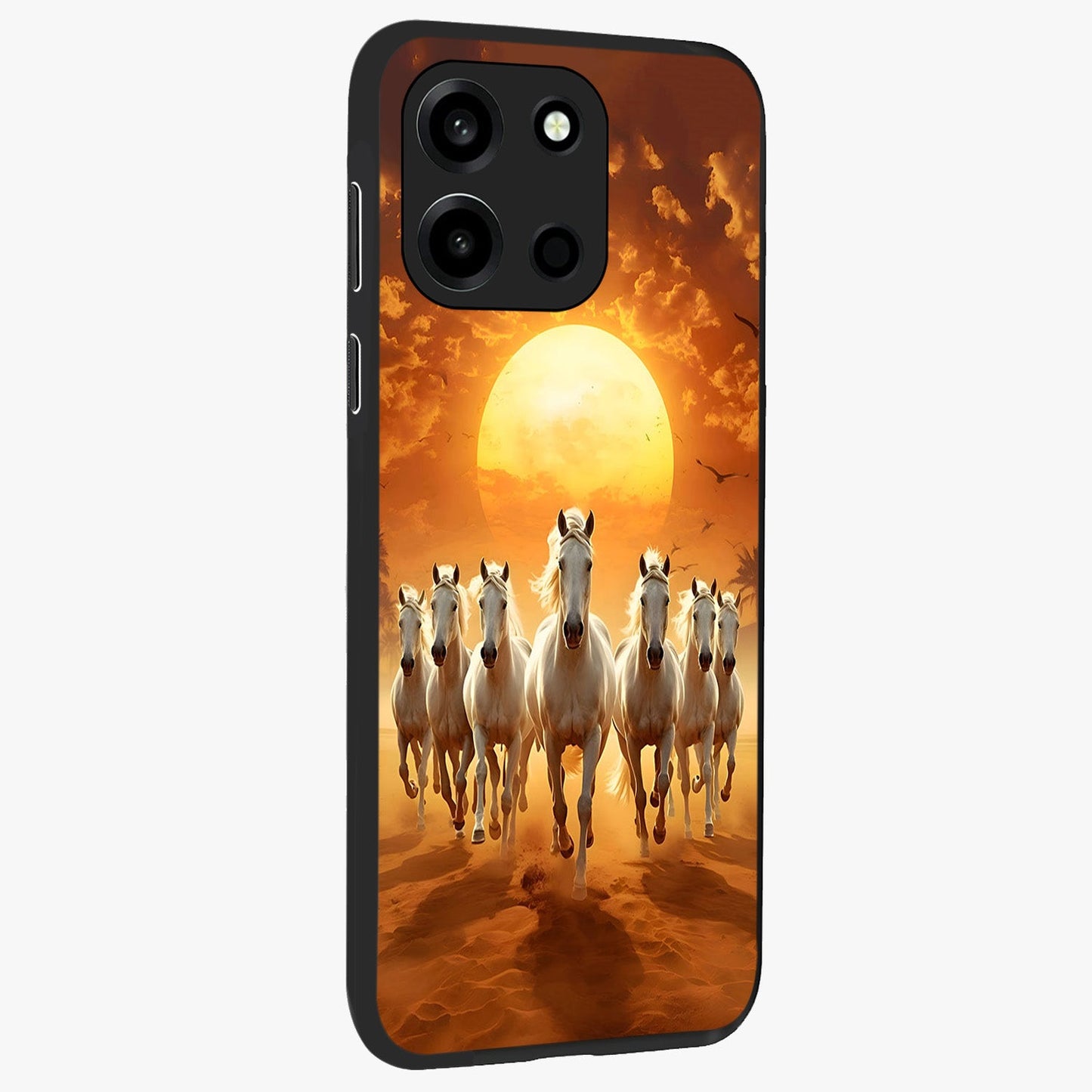 Wild Sunset Majesty Glass Case upright view showcasing dramatic sunset artwork with bold nature theme.