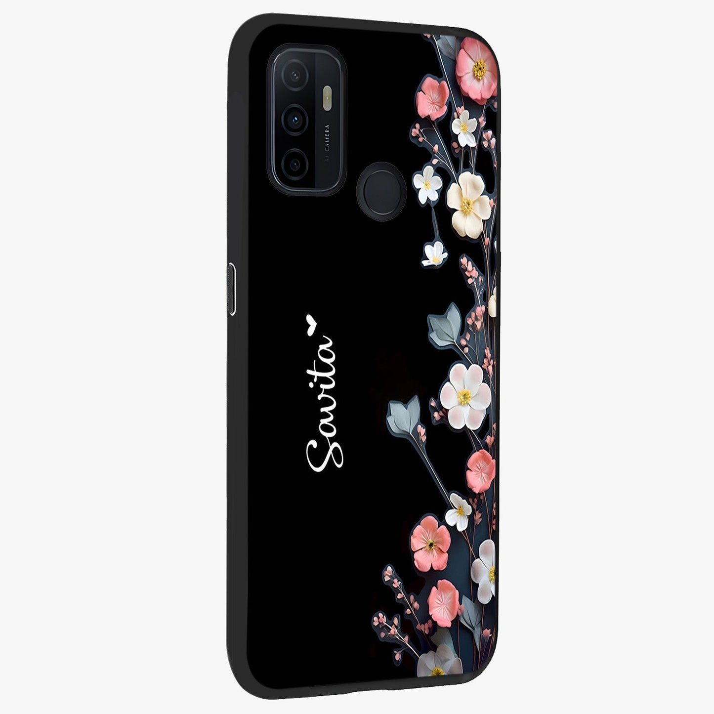 Black Elegance Floral Custom Name Glass Case upright view showcasing luxurious black floral design with personalized name detail.