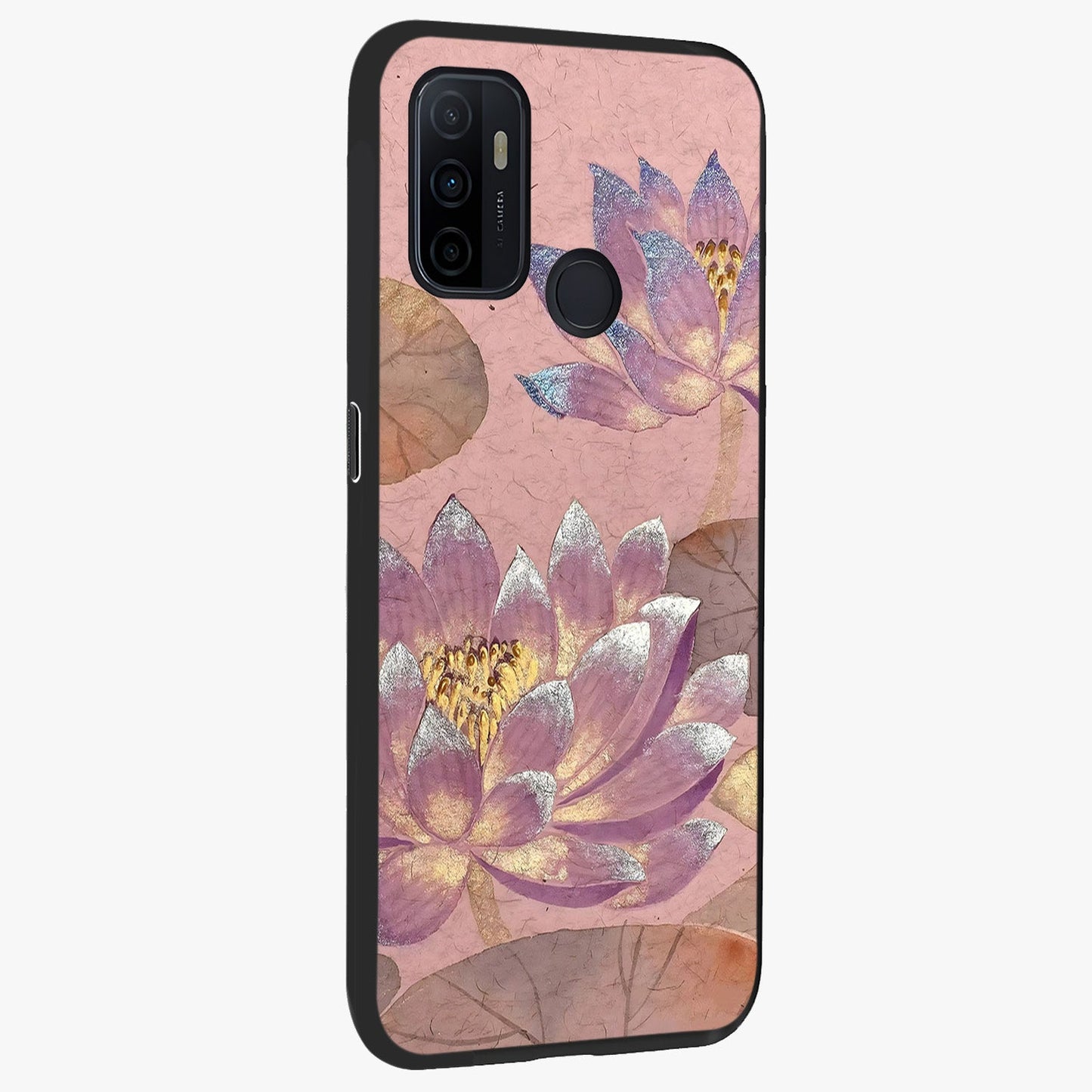 Blossom Mist Lotus Glass Case upright view showcasing graceful lotus flower design with peaceful botanical style.