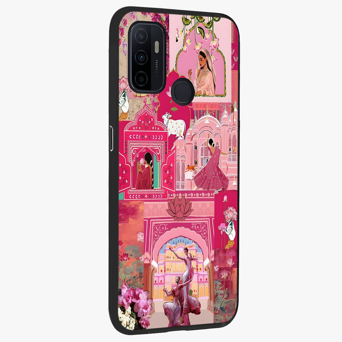 Blossoms of Rajasthan Glass Case upright view showcasing colorful floral design inspired by traditional Indian art.