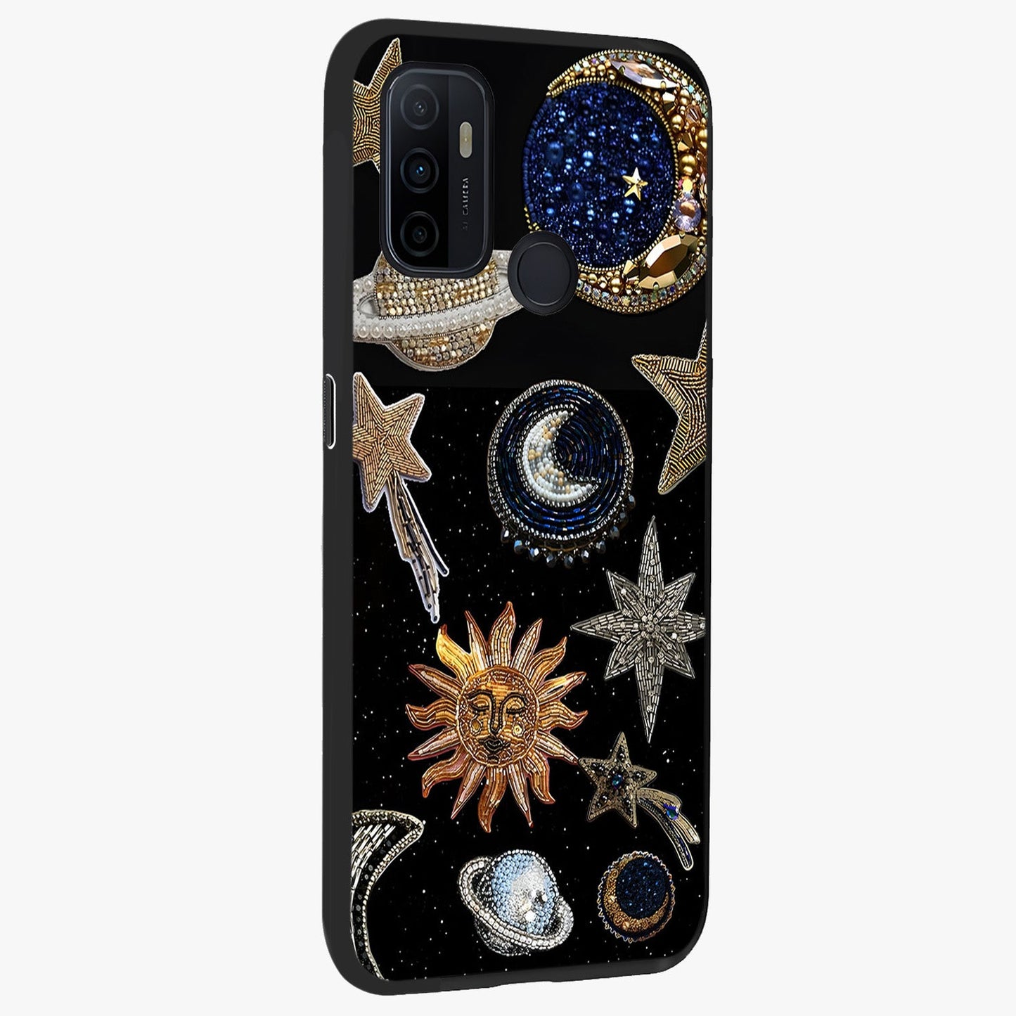 Celestial Gem Constellations Glass Case upright view showcasing cosmic constellation artwork with celestial aesthetic style.