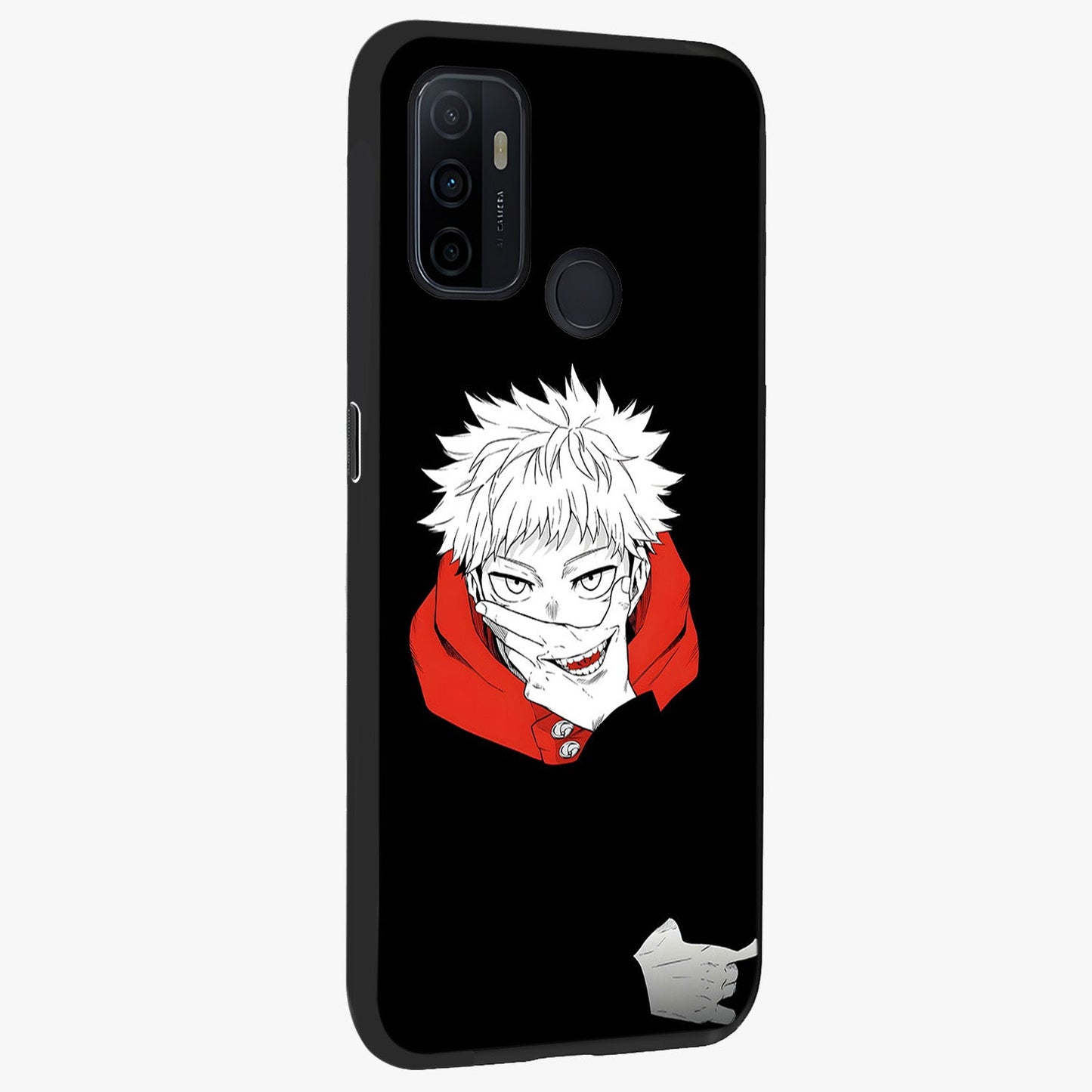 Crimson Chaos Smile Glass Case upright view showcasing expressive chaotic artwork with striking visual theme.
