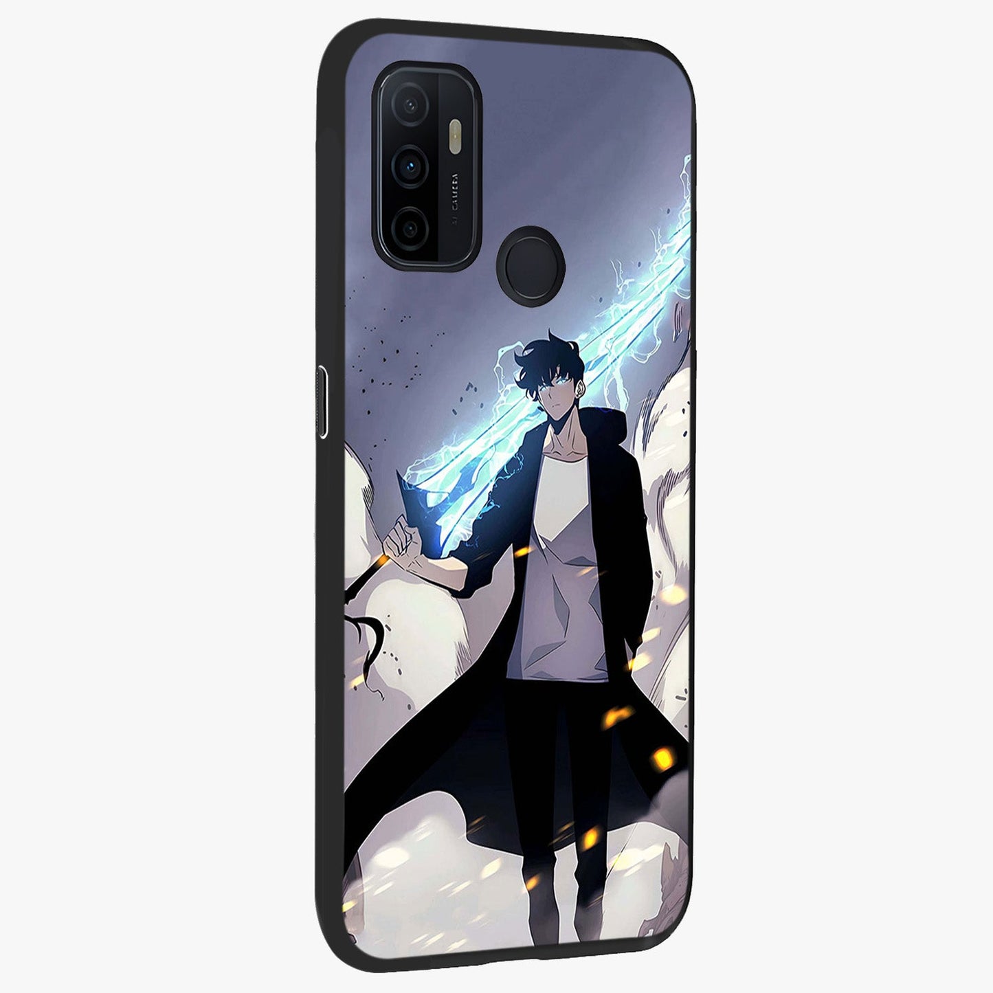 Dark Lightning Anime Warrior Glass Case upright view showcasing dramatic warrior artwork with dark lightning aesthetic.