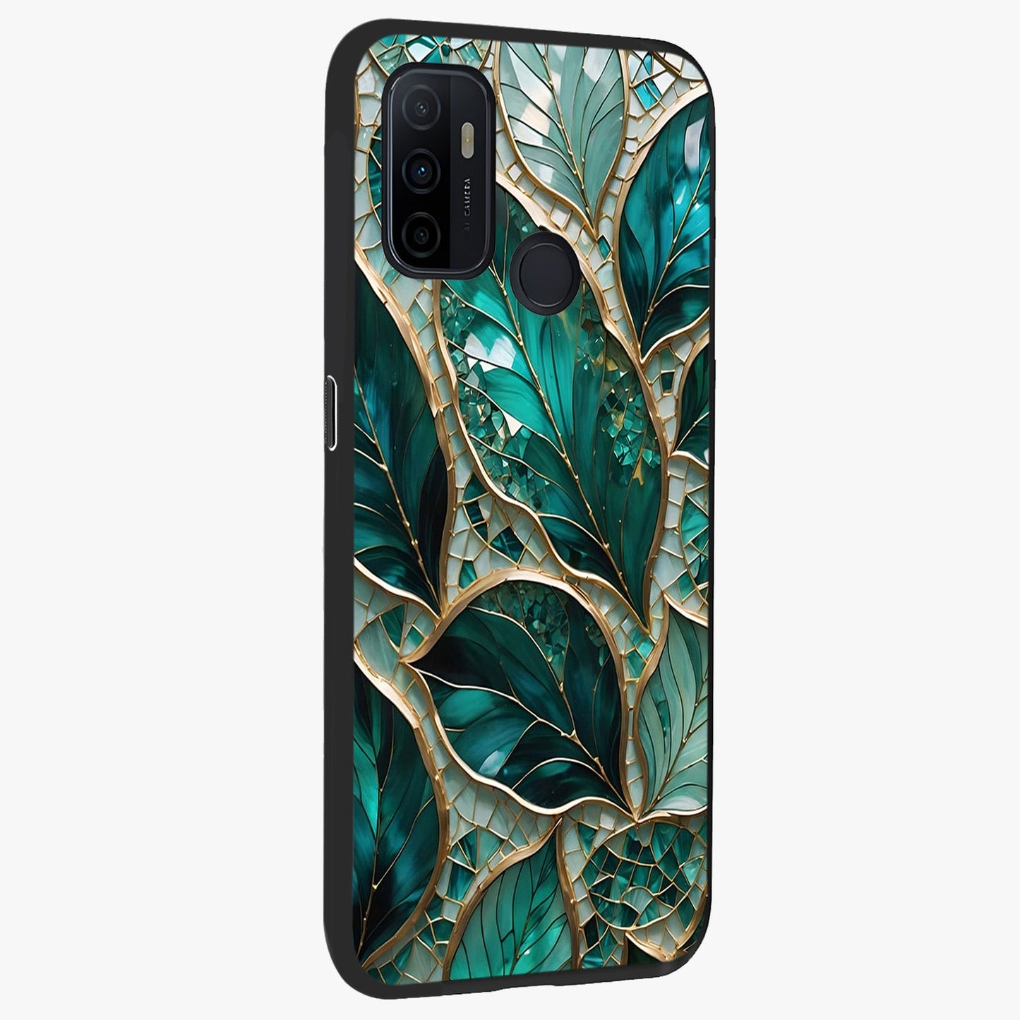 Emerald Leaf Glass Glass Case upright view showcasing fresh green leaf artwork with calming nature inspired style.