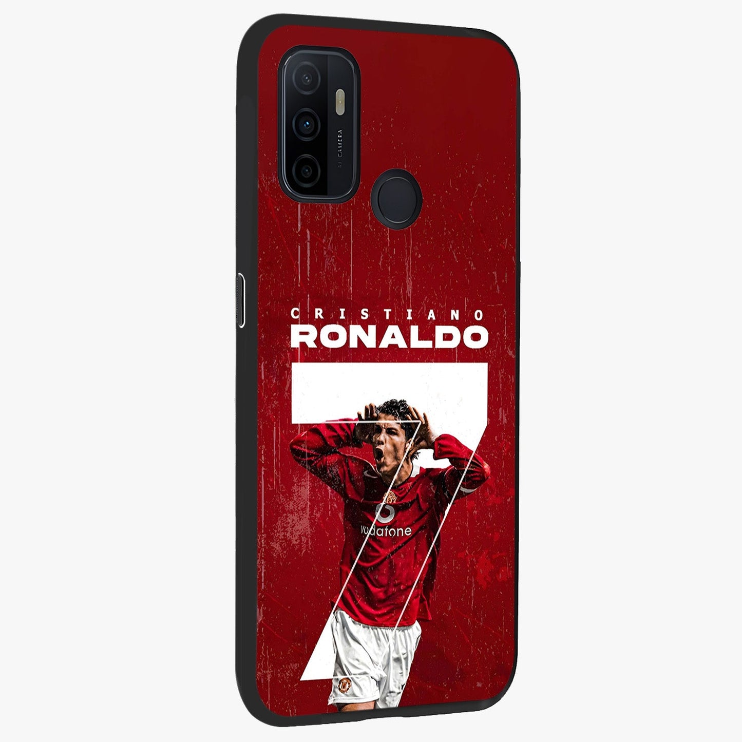 Goal Celebration Legacy Glass Case upright view showcasing dynamic football inspired artwork with victory celebration aesthetic.