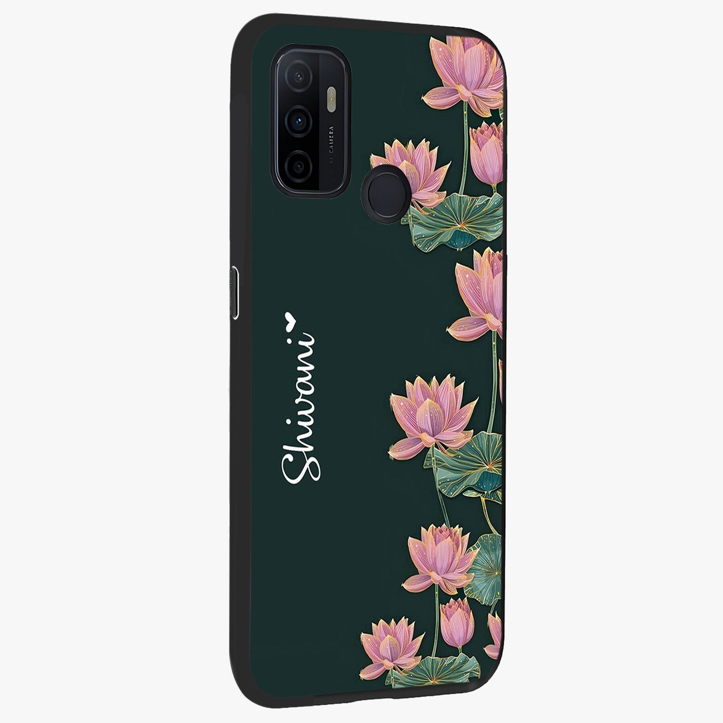 Lotus Bloom Serenity Custom Name Glass Case upright view showcasing serene lotus bloom artwork with personalized floral aesthetic.