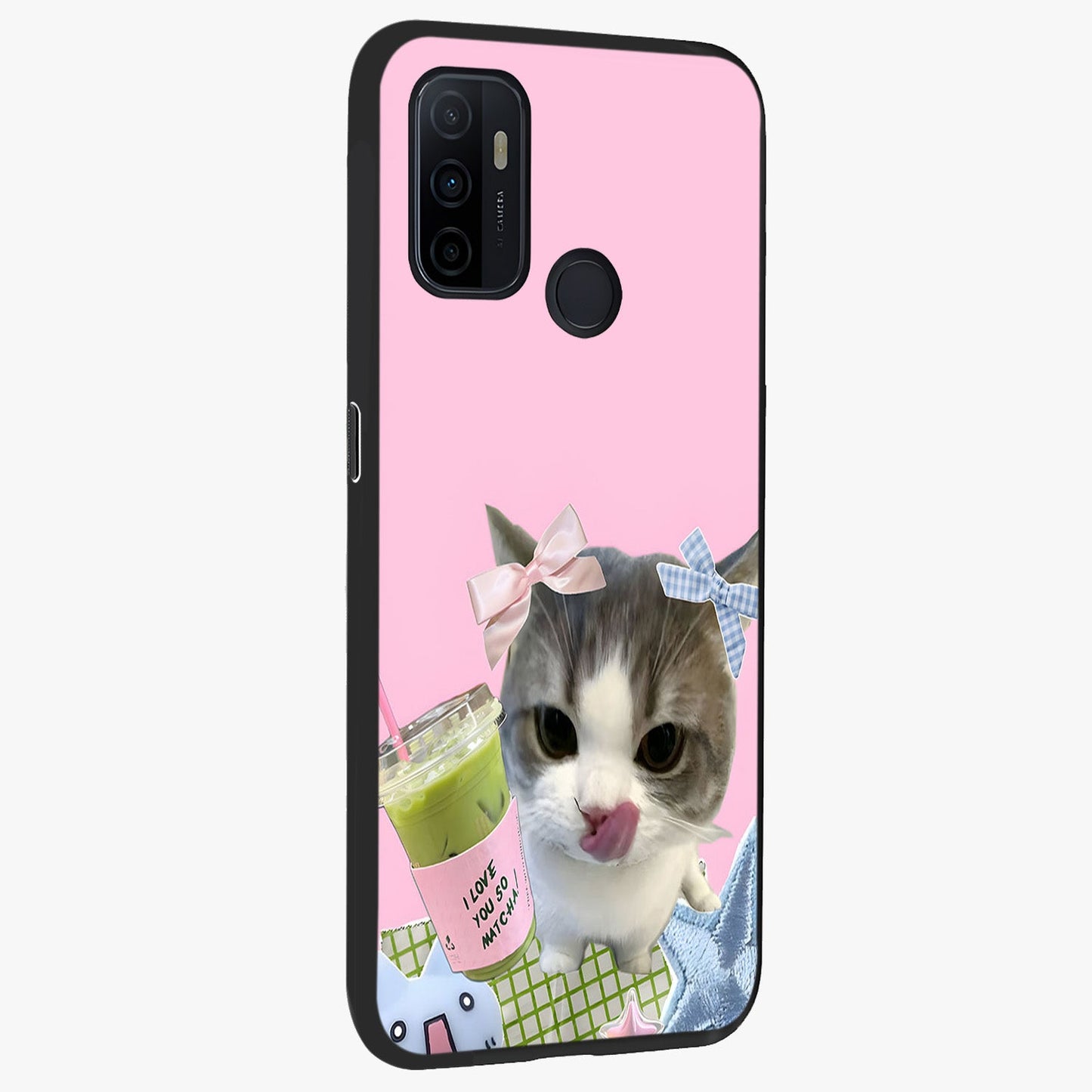 Love Matcha Cat Glass Case upright view showcasing adorable cat artwork with charming matcha themed design.