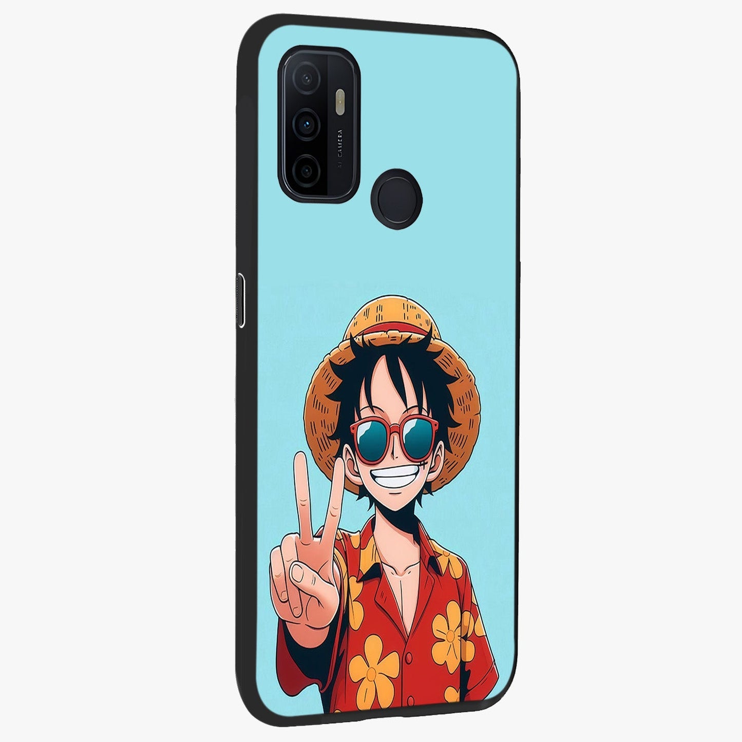 Luffy Summer Anime Vibe Glass Case upright view showcasing dynamic anime artwork with bright adventurous theme.