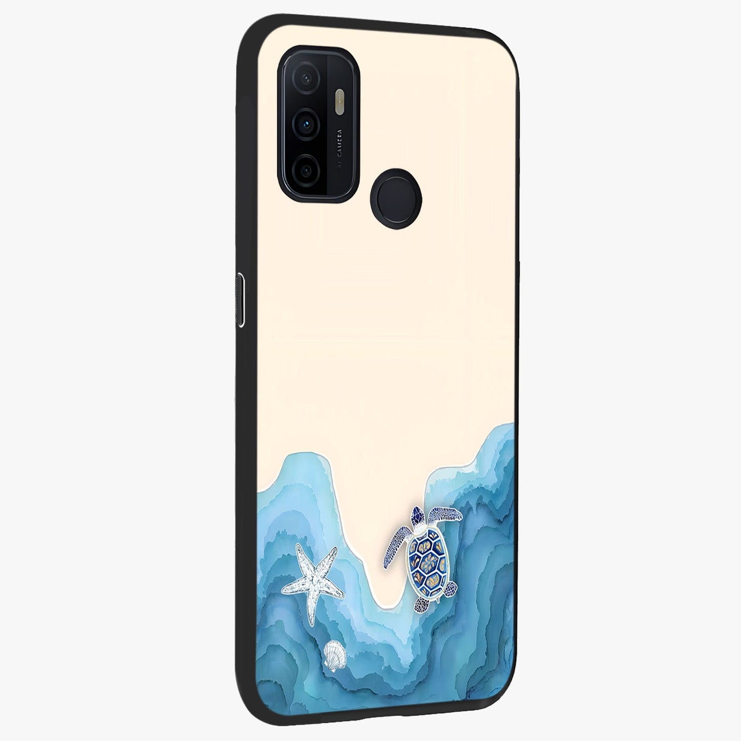 Ocean Drift Turtle Glass Case upright view showcasing calm underwater turtle artwork with nature inspired theme.