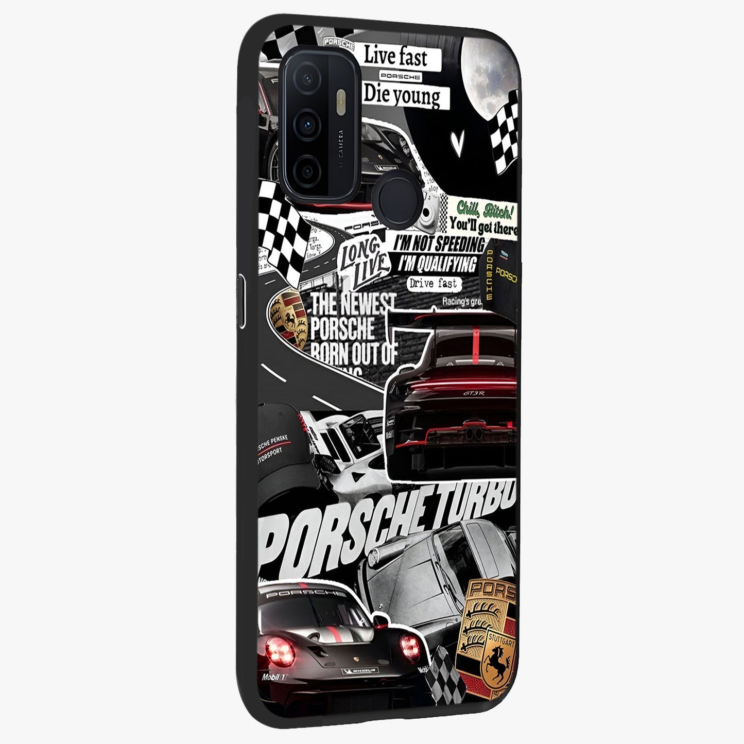 Porsche Racing Collage Glass Case upright view showcasing energetic car collage artwork with high speed racing theme.