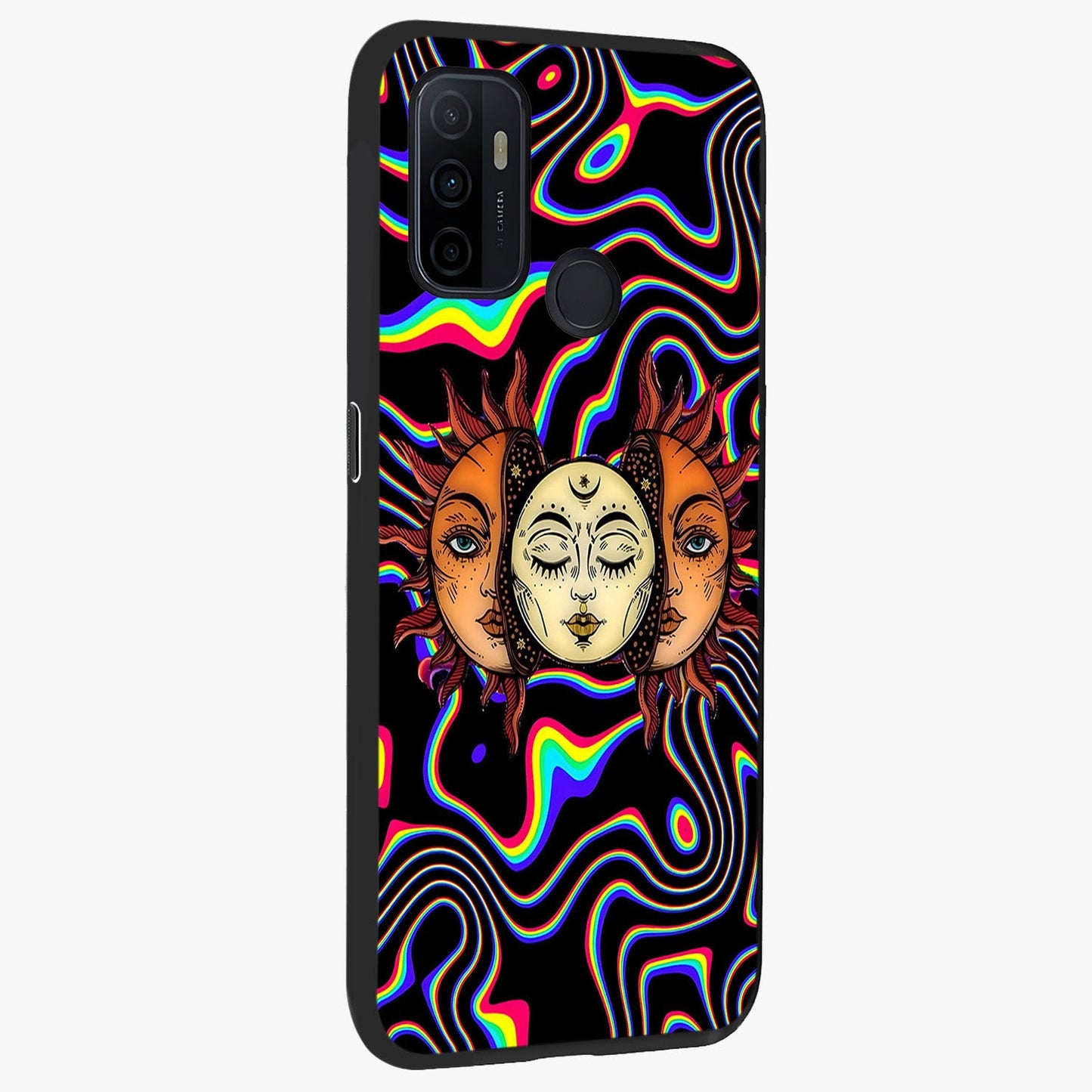 Psychedelic Sun Glass Case upright view showcasing trippy sun artwork with bold psychedelic theme.