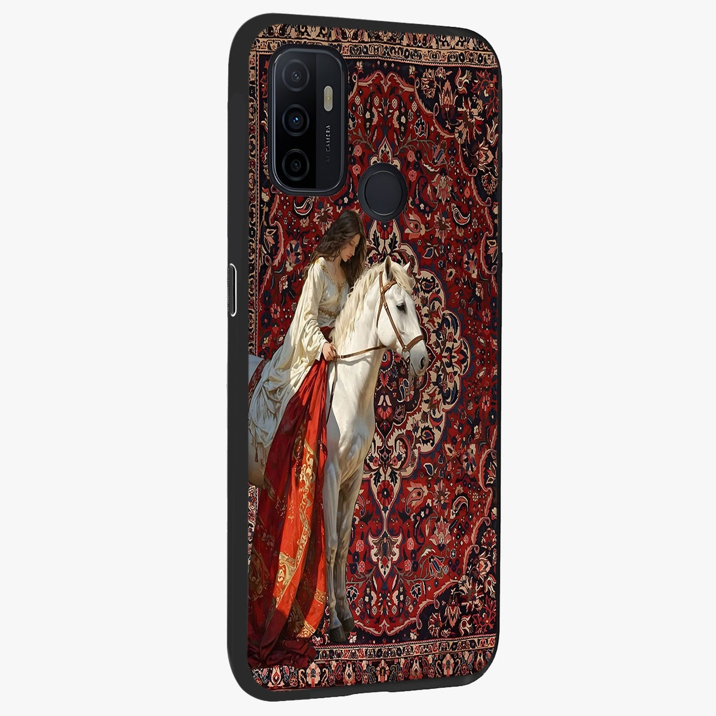 Royal Rider Tapestry Glass Case upright view showcasing detailed rider artwork with classic tapestry theme.