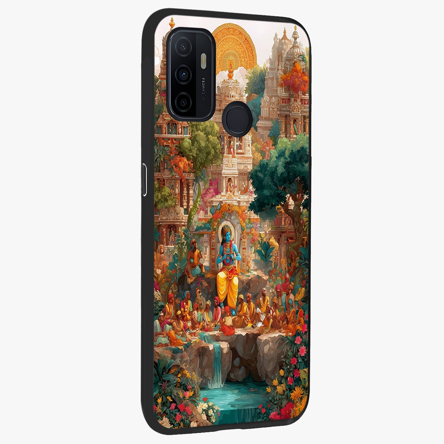 Sacred Sunlight Gods Glass Case upright view showcasing glowing divine artwork with sacred mythological theme.