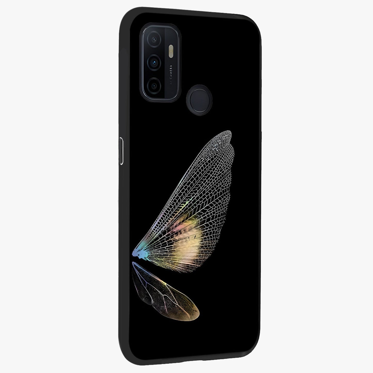 Whispers Of Wings Glass Case upright view showcasing elegant wing artwork with light airy theme.