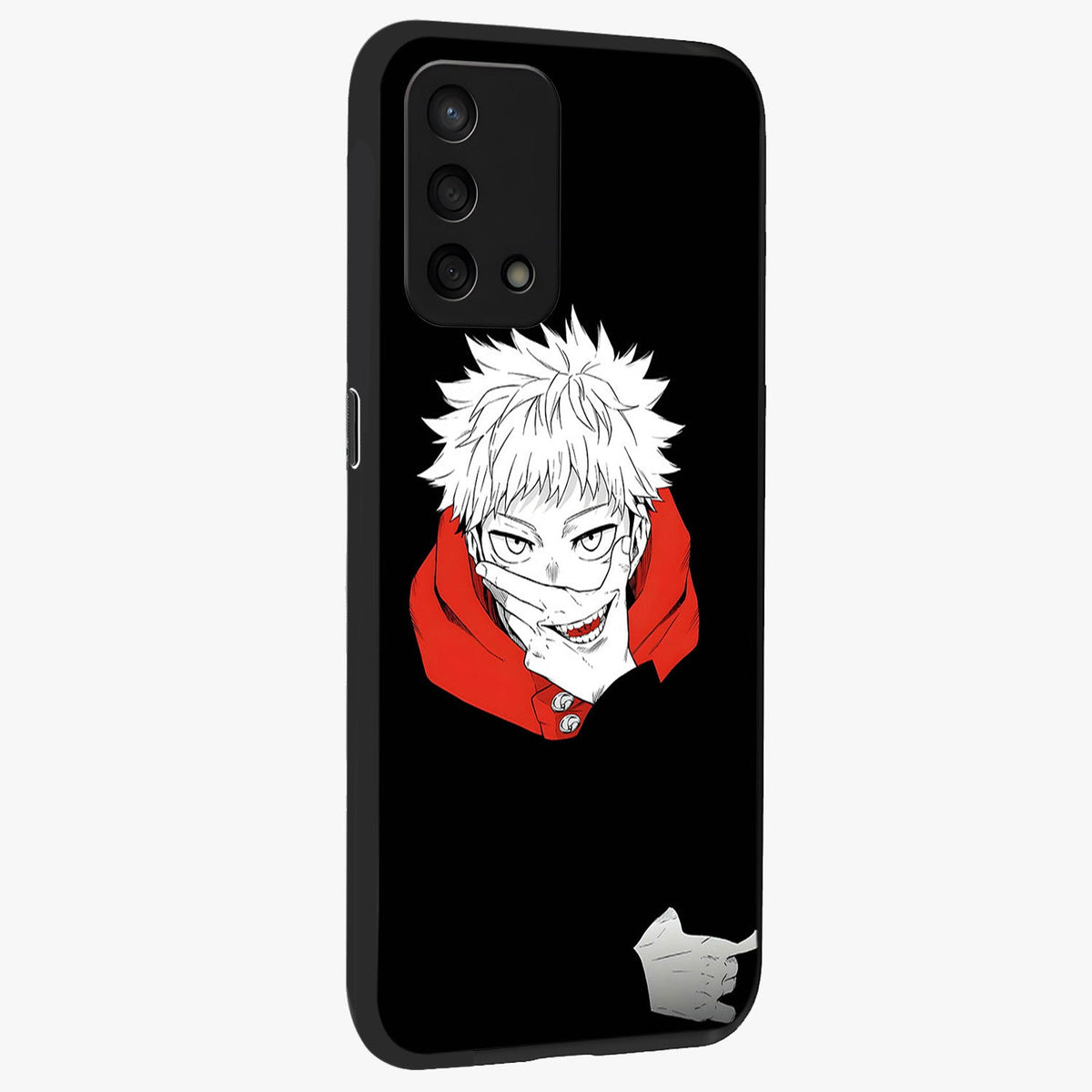 Crimson Chaos Smile Glass Case upright view showcasing expressive chaotic artwork with striking visual theme.