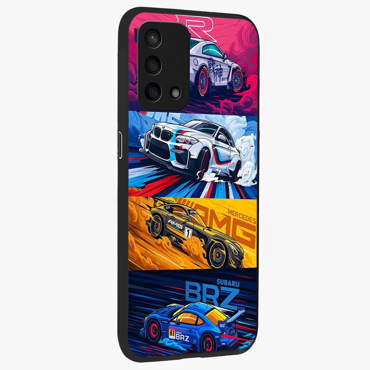 JDM Sports Car Glass Case upright view showcasing dynamic sports car artwork with bold racing theme.