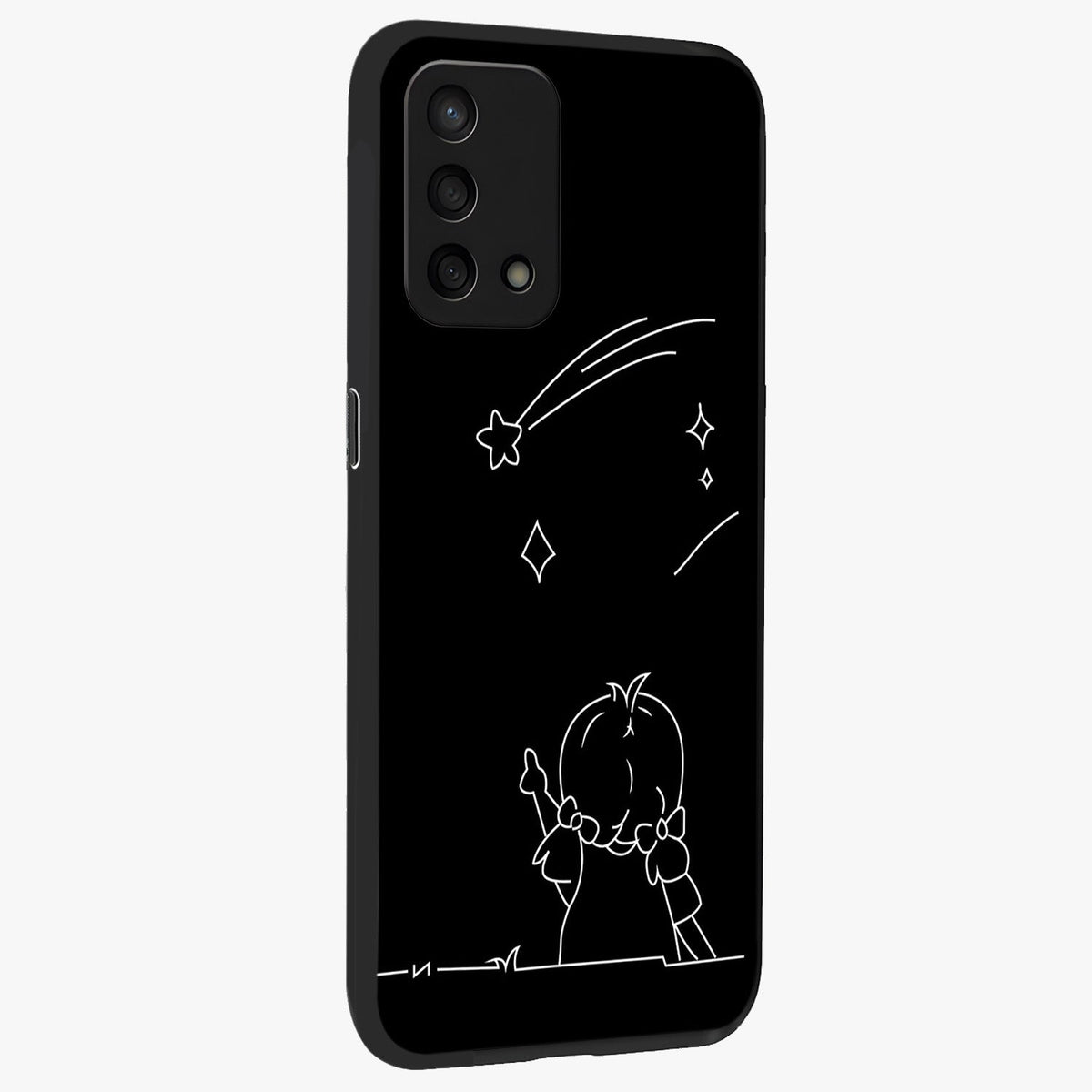 Line Art Girl With Shooting Stars Glass Case upright view showcasing delicate shooting stars artwork with minimal artistic theme.