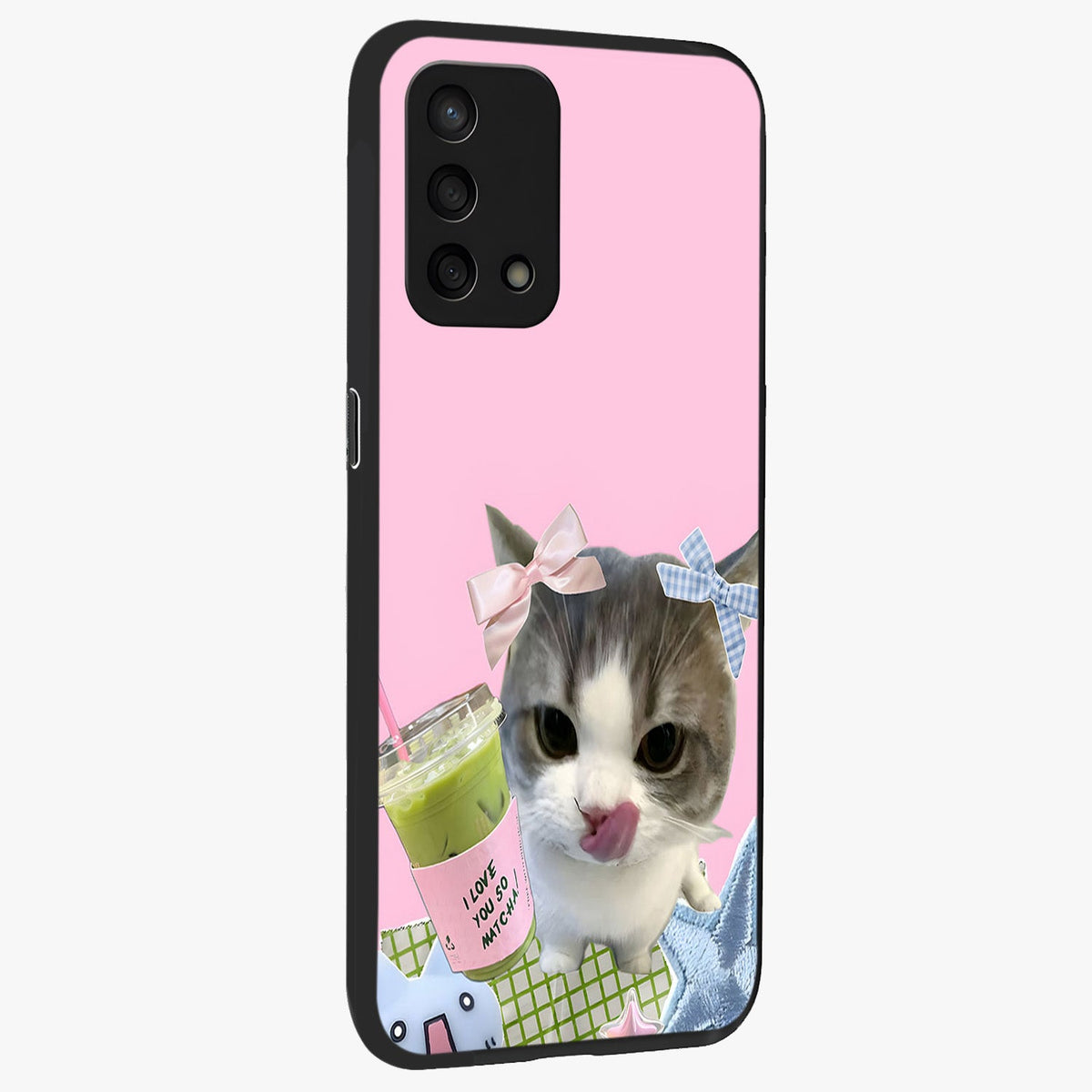 Love Matcha Cat Glass Case upright view showcasing adorable cat artwork with charming matcha themed design.
