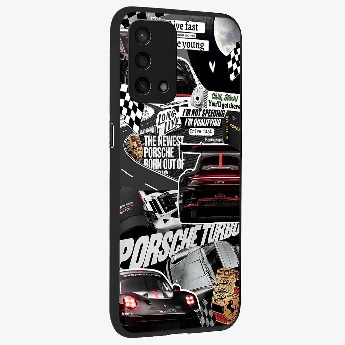 Porsche Racing Collage Glass Case upright view showcasing energetic car collage artwork with high speed racing theme.