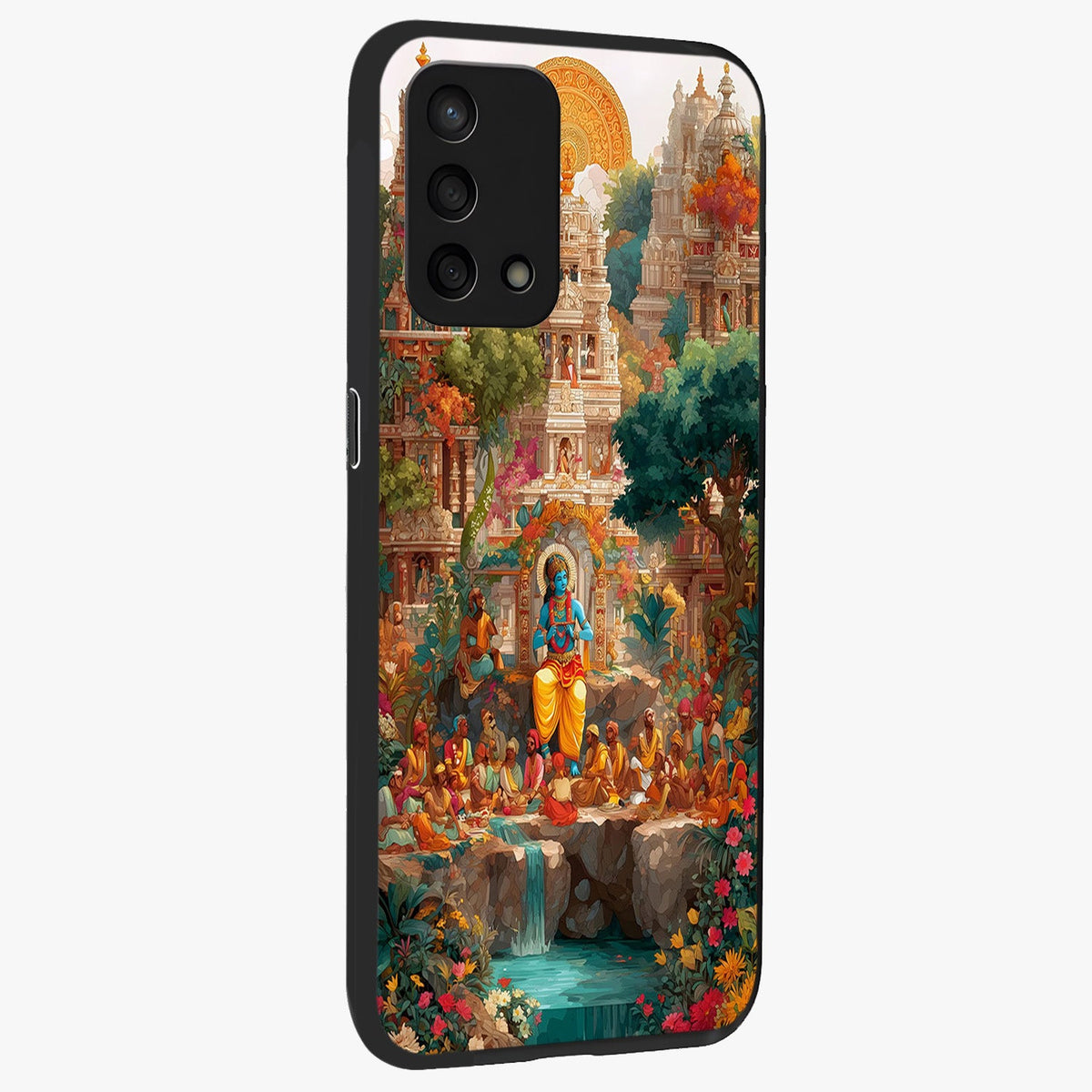 Sacred Sunlight Gods Glass Case upright view showcasing glowing divine artwork with sacred mythological theme.