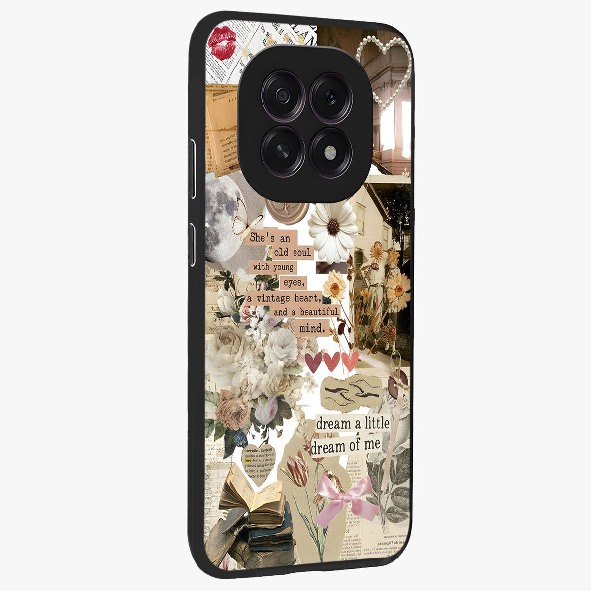 Aesthetic Brown Vintage Collage Glass Case upright view showcasing nostalgic retro artwork with stylish vintage theme.