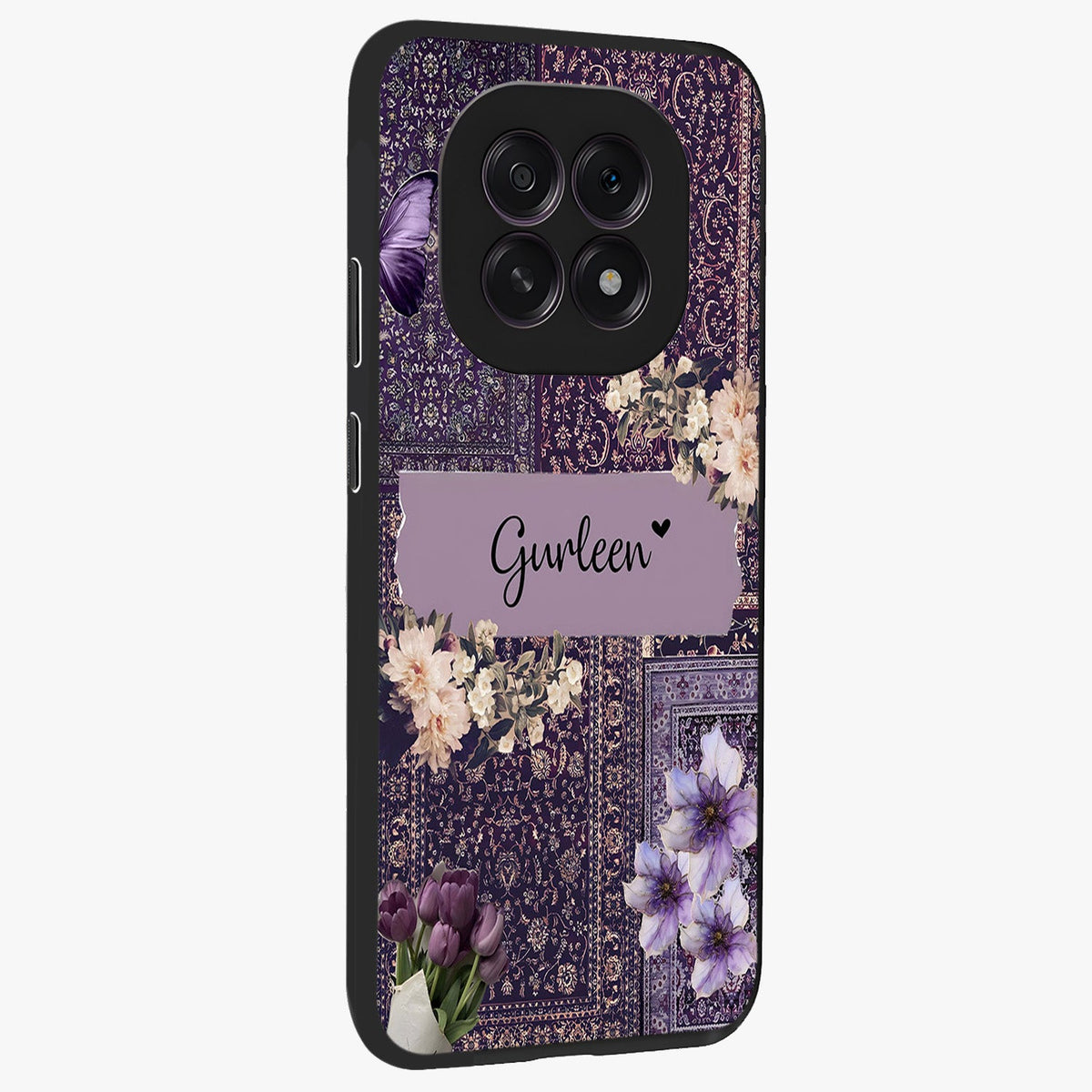 Antique Floral Whisper Custom Name Glass Case upright view showcasing delicate floral artwork with custom name feature.
