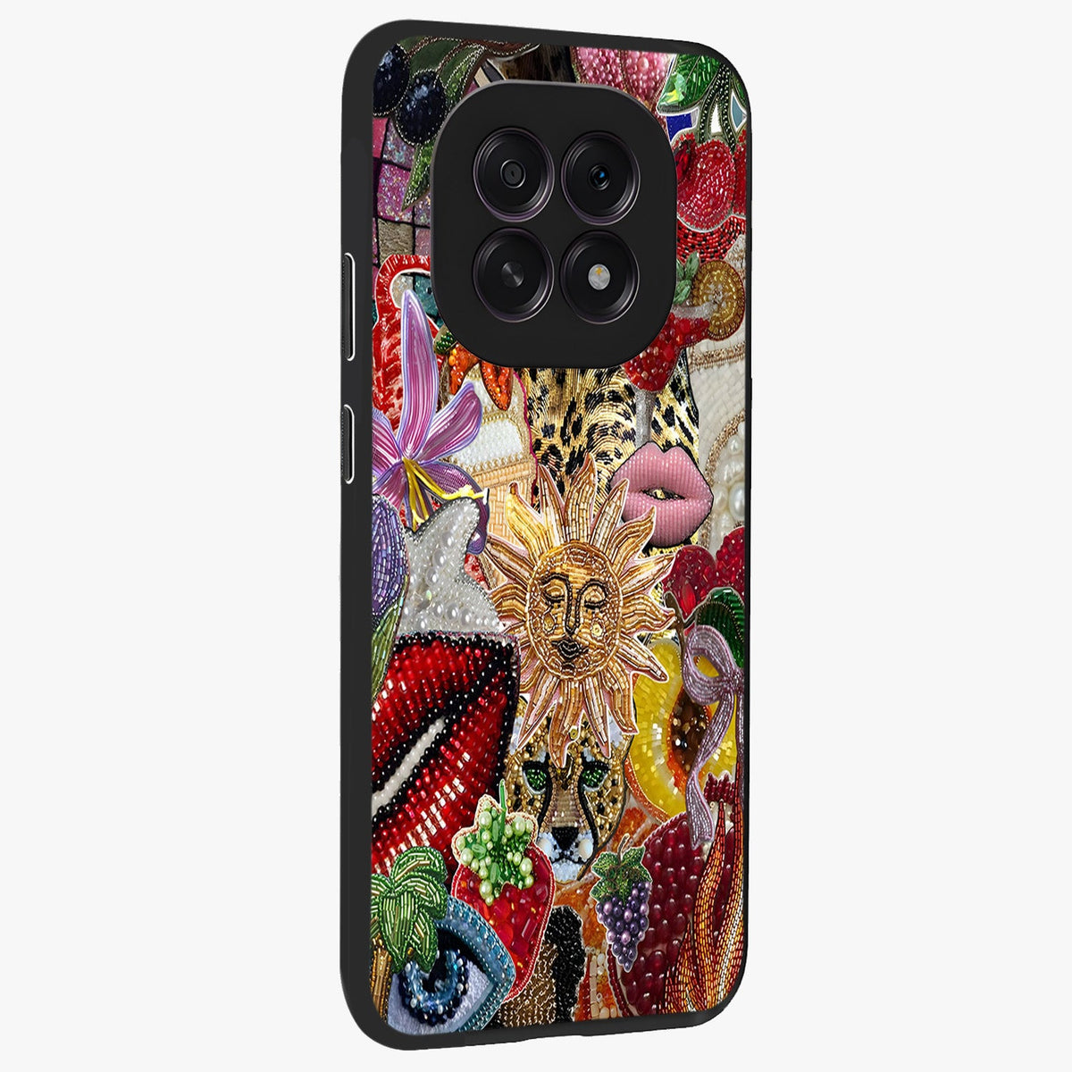Beaded Fashion Jungle Glass Case upright view showcasing tropical jungle aesthetic with decorative bead elements.