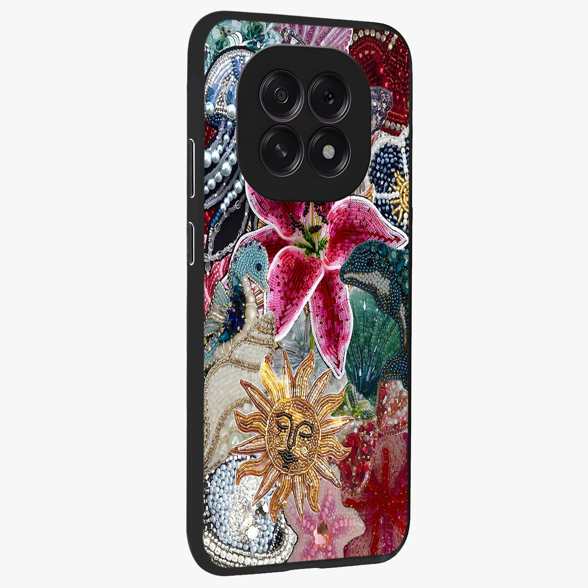 Beaded Garden Fantasy Glass Case upright view showcasing whimsical garden aesthetic with artistic bead details.