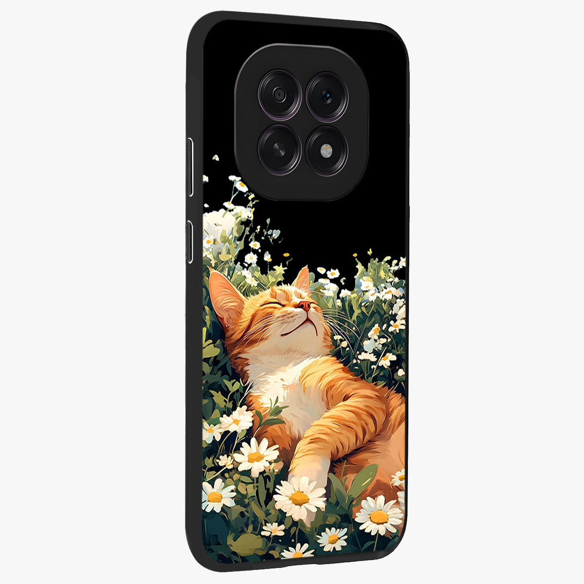 Blissful Bloom Cat Glass Case upright view showcasing charming cat design surrounded by blooming floral elements.
