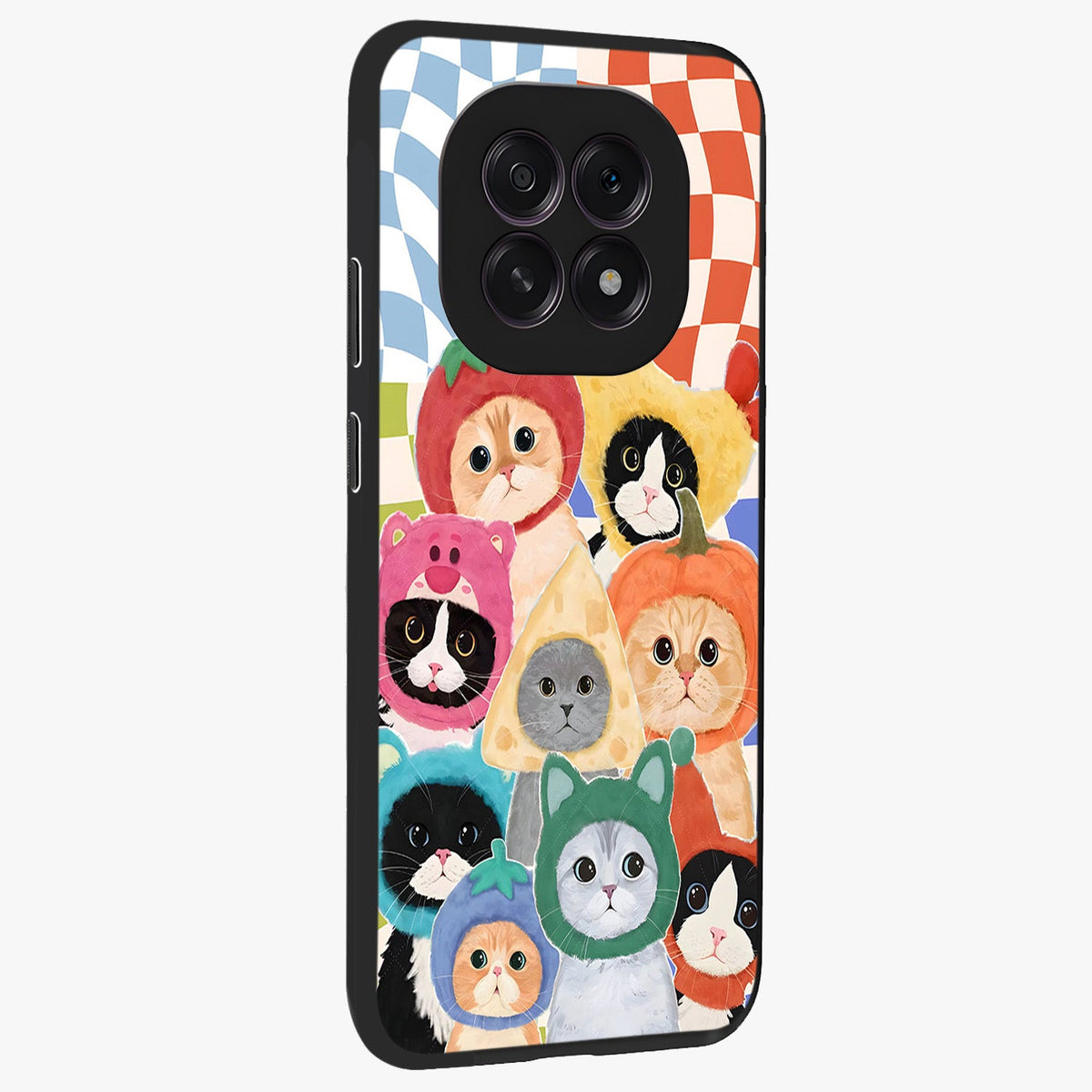 Cats in Fruits Glass Case upright view showcasing charming cat artwork with fun fruity theme.