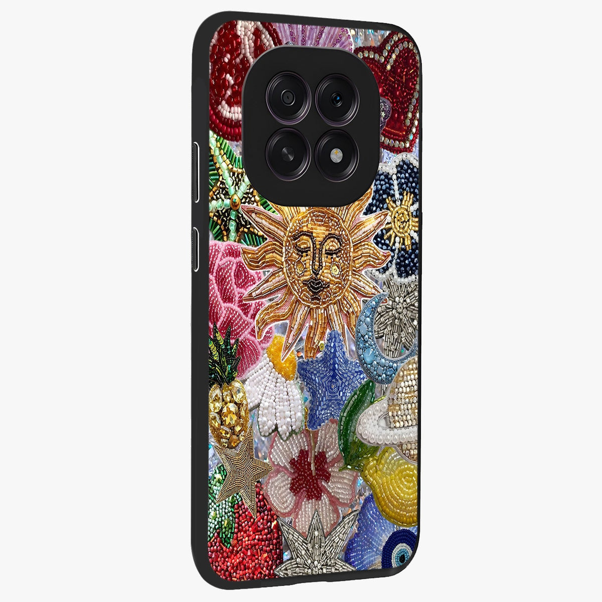 Celestial Floral and Playful Glass Case upright view showcasing whimsical floral artwork with cosmic aesthetic theme.