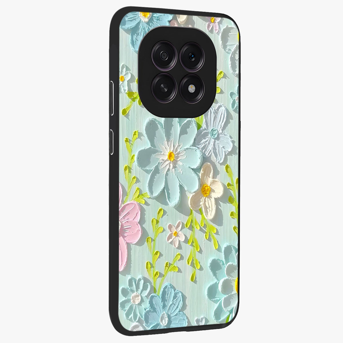 Frosted Petal Garden Glass Case upright view showcasing elegant floral garden artwork with soothing pastel theme.
