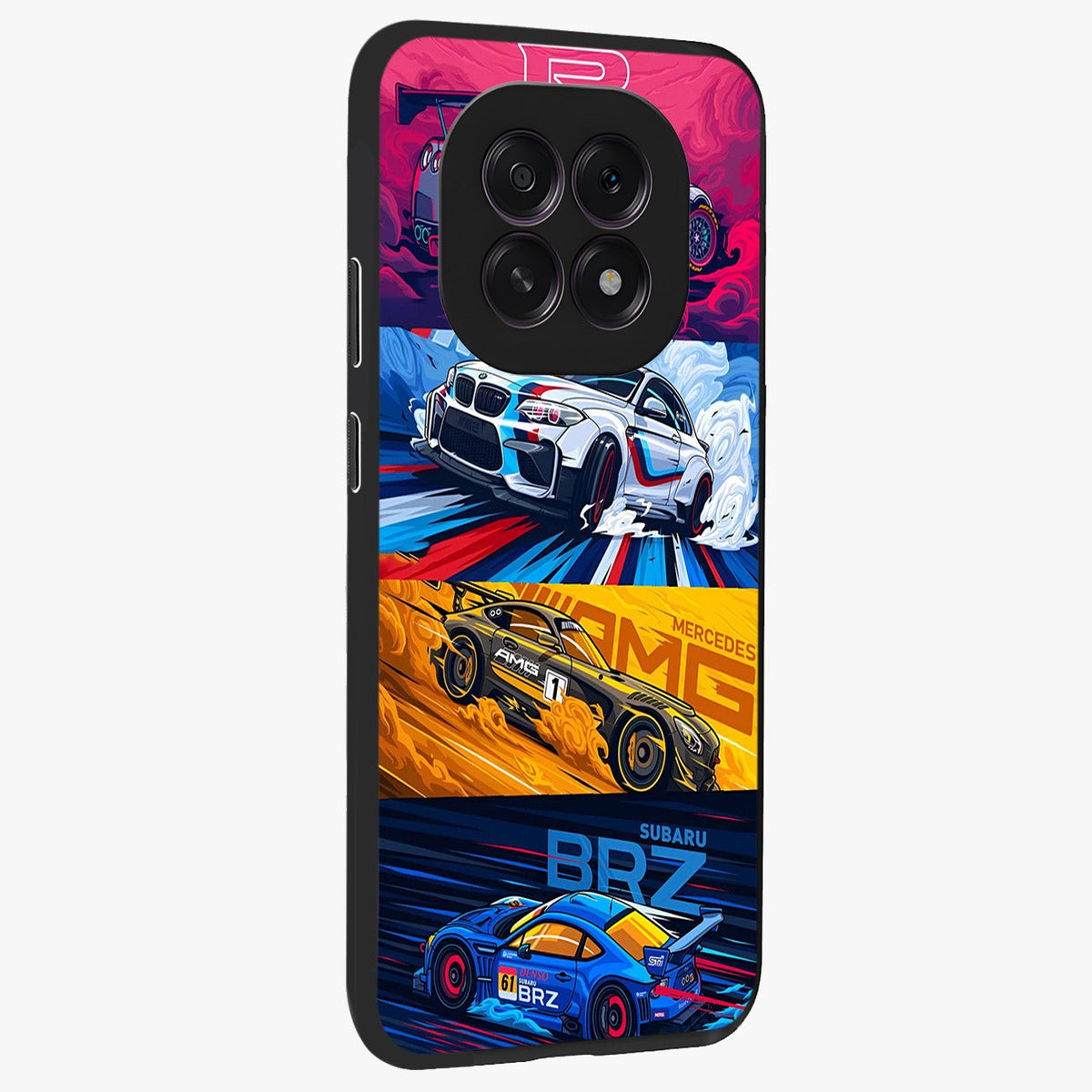 JDM Sports Car Glass Case upright view showcasing dynamic sports car artwork with bold racing theme.
