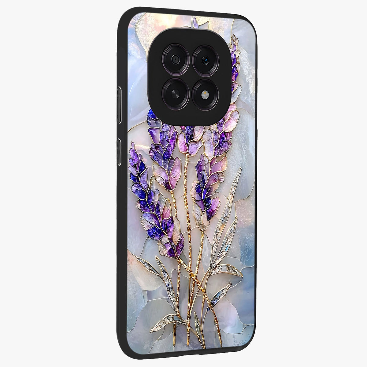Lavender Dream Glow Glass Case upright view showcasing radiant lavender glow artwork with calming dreamy theme.