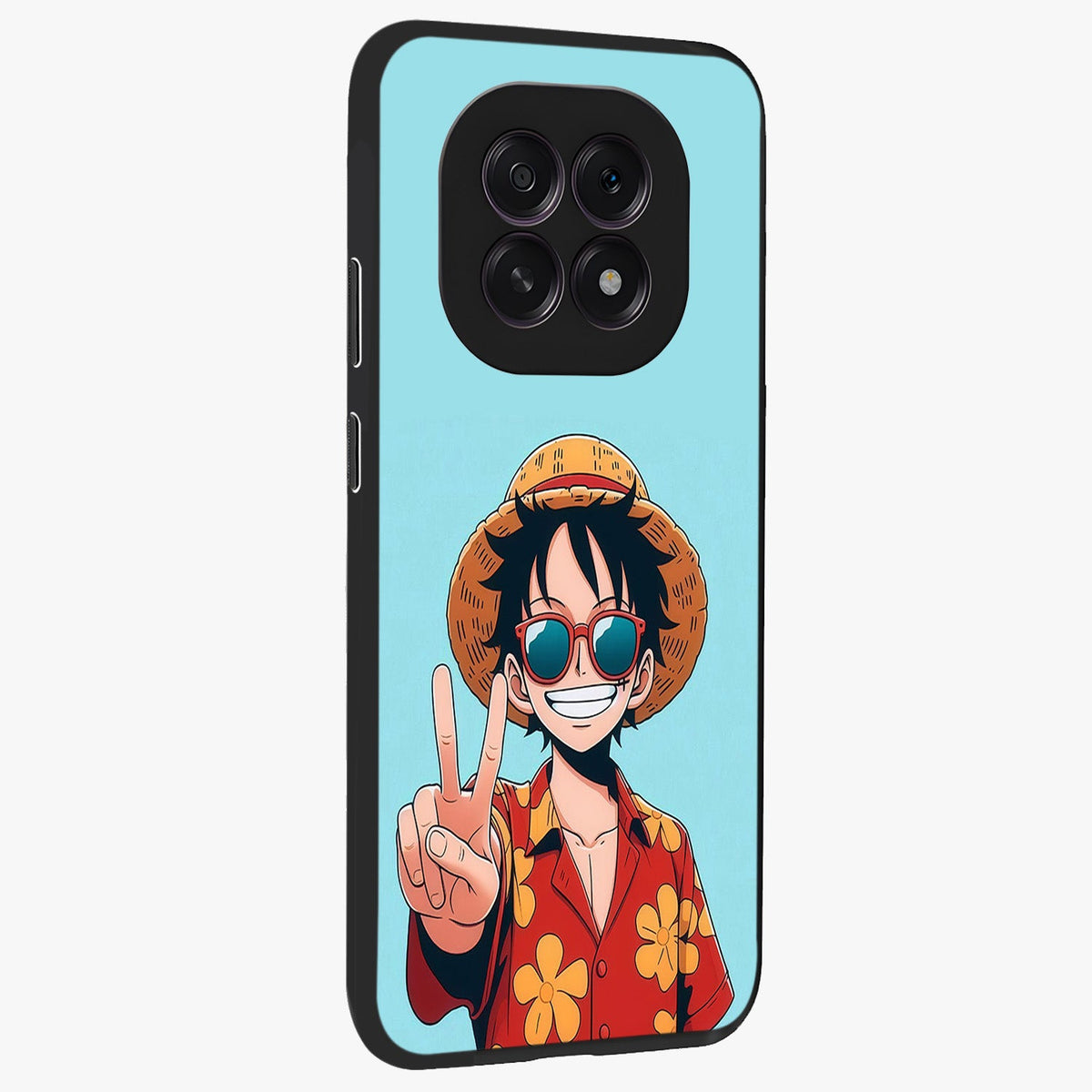 Luffy Summer Anime Vibe Glass Case upright view showcasing dynamic anime artwork with bright adventurous theme.