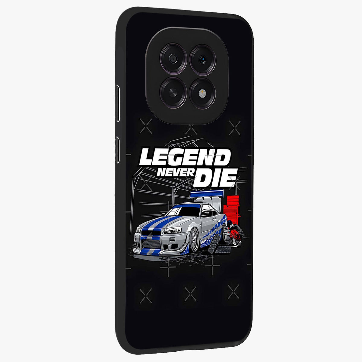 Midnight Racing Legacy Glass Case upright view showcasing powerful racing artwork with modern sports theme.