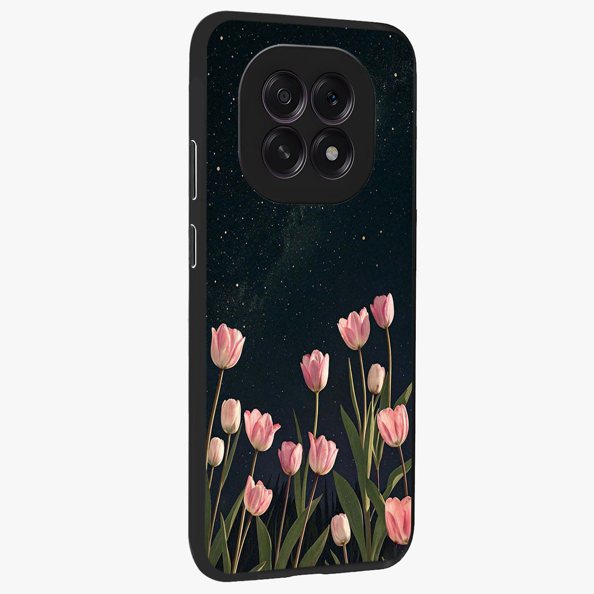Midnight Tulip Whispers Vibe Glass Case upright view showcasing graceful tulip artwork with calm botanical theme.