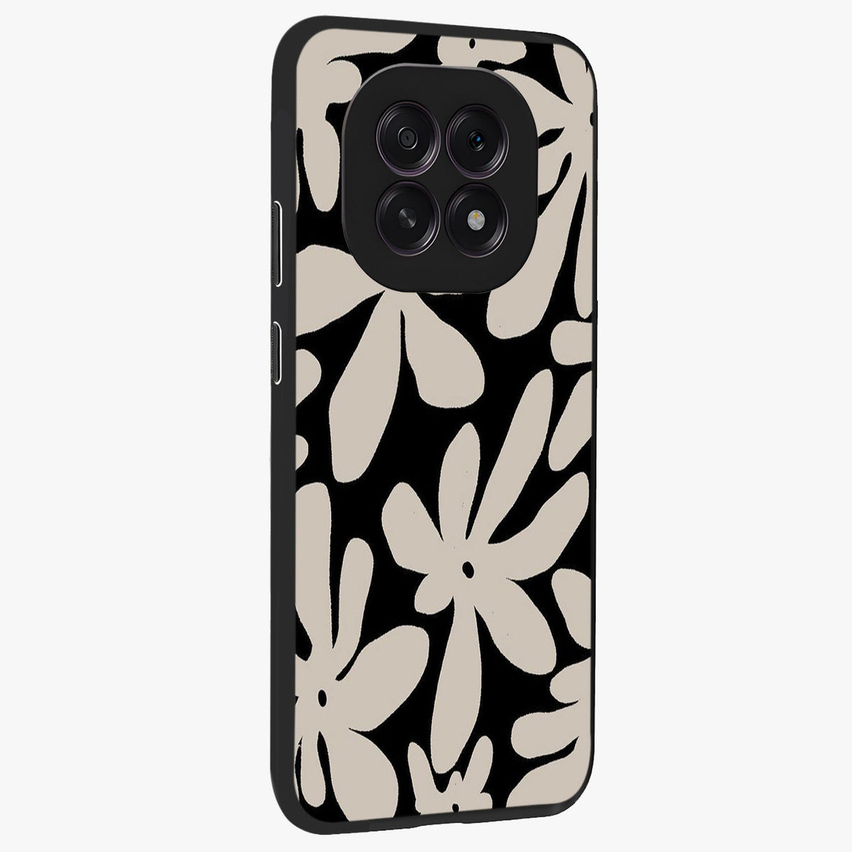 Monochrome Petal Dance Glass Case upright view showcasing artistic floral pattern with stylish monochrome theme.