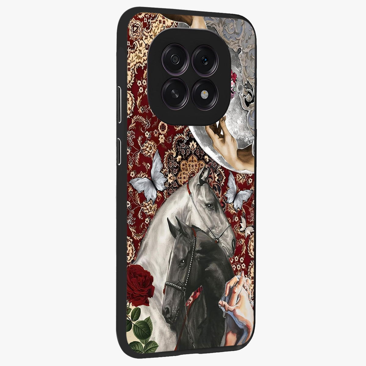Moonlit Royal Stallion Glass Case upright view showcasing dramatic horse artwork with glowing moon themed design.
