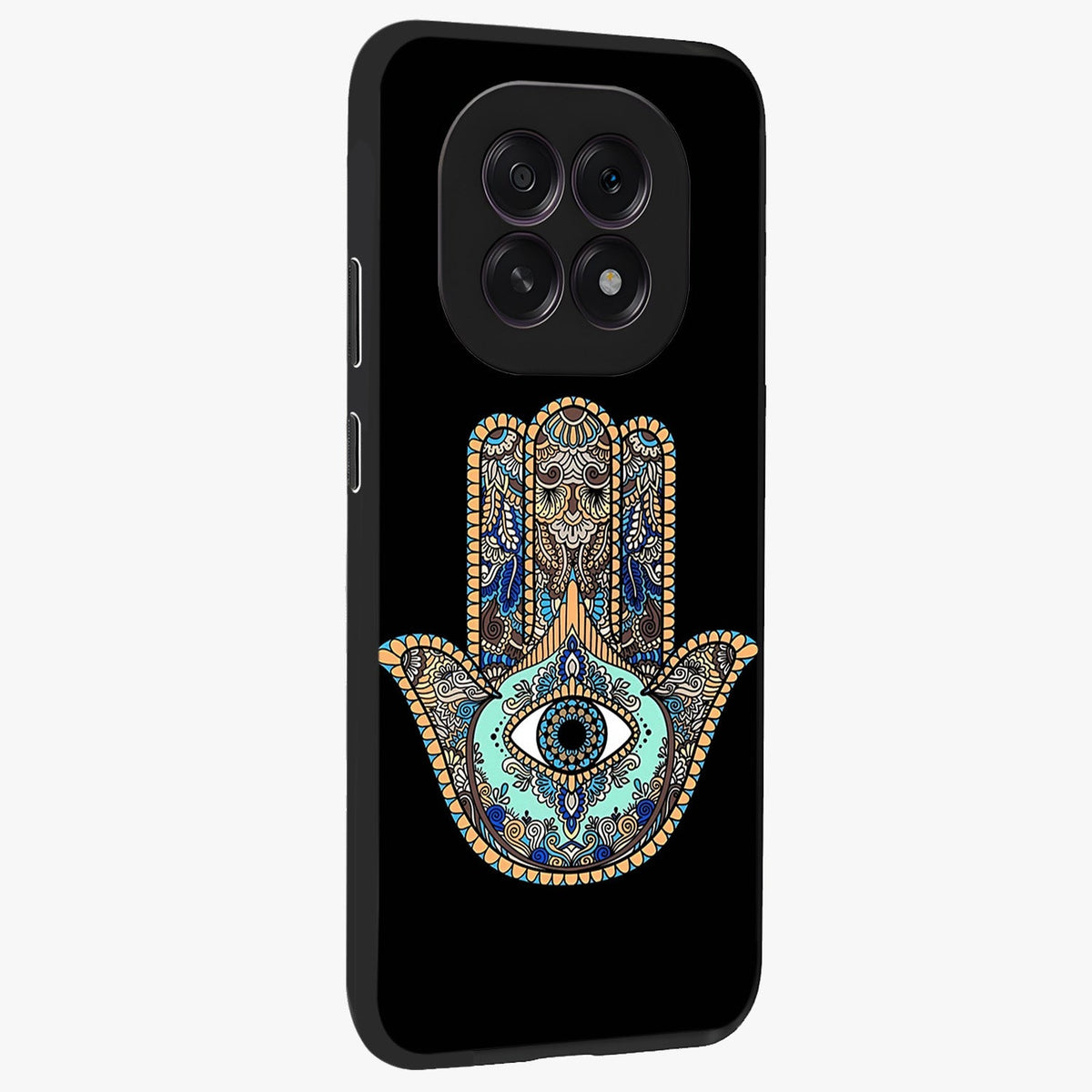 Mystic Hamsa Eye Glass Case upright view showcasing detailed hamsa eye artwork with protective spiritual theme.