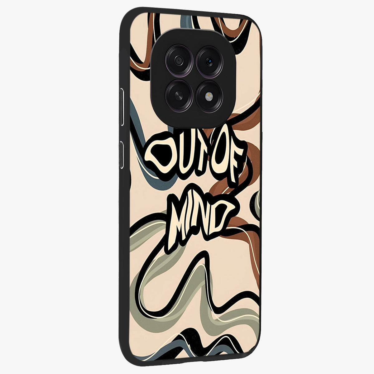 Out Of Mind Glass Case upright view showcasing striking typography artwork with edgy conceptual theme.