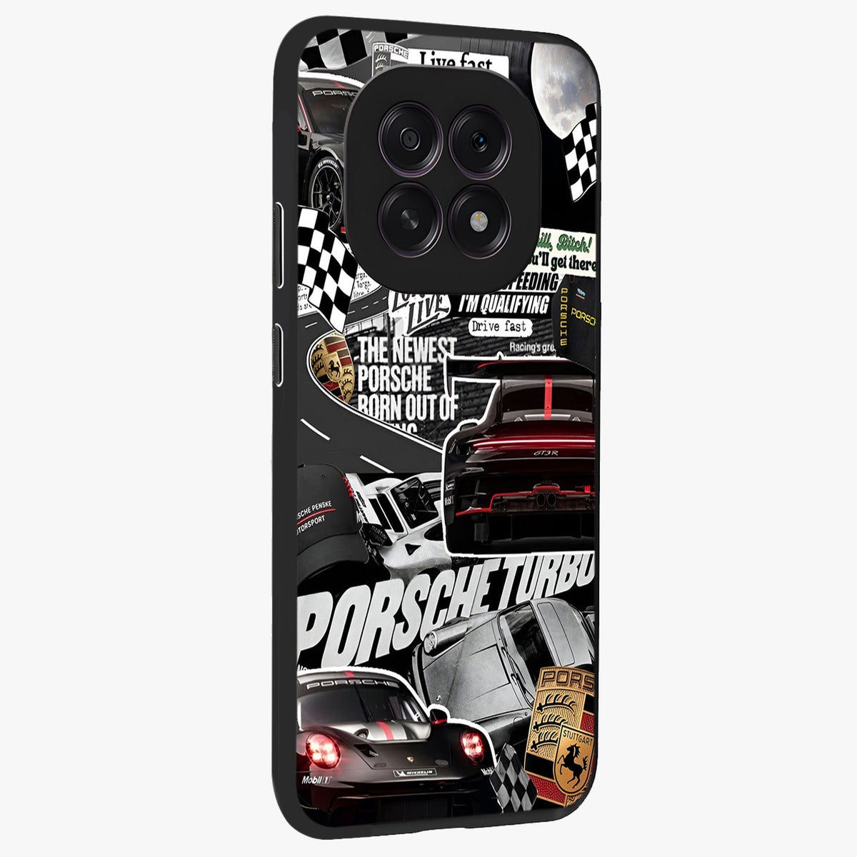 Porsche Racing Collage Glass Case upright view showcasing energetic car collage artwork with high speed racing theme.